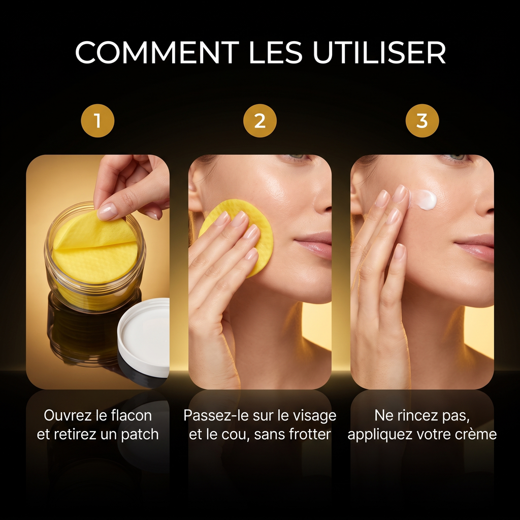 Comment les utiliser en 3 étapes : retirez un patch, passez-le sur le visage et le cou, ne rincez pas puis appliquez votre crème