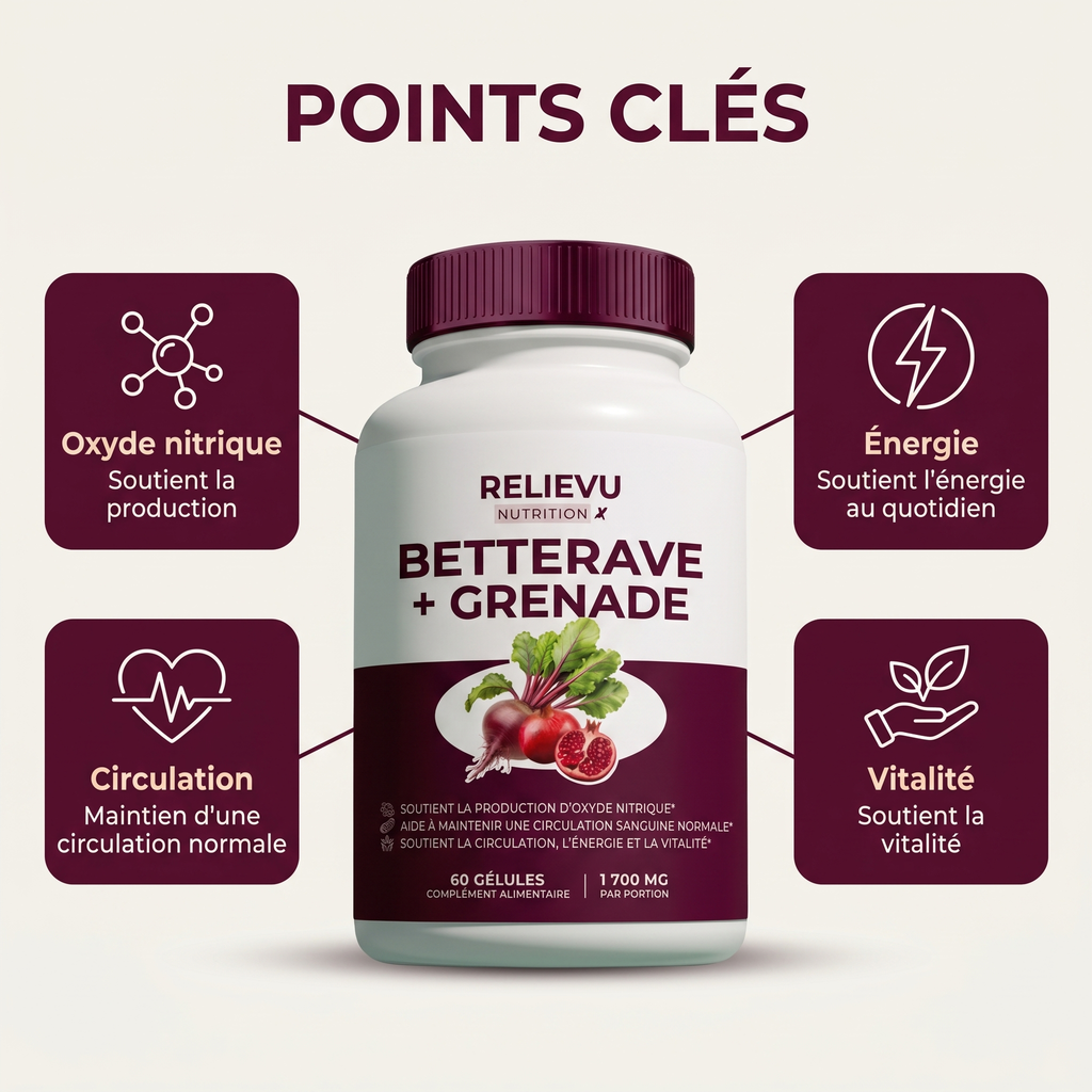 Points clés du flacon Relievu Betterave + Grenade : oxyde nitrique, circulation, énergie et vitalité