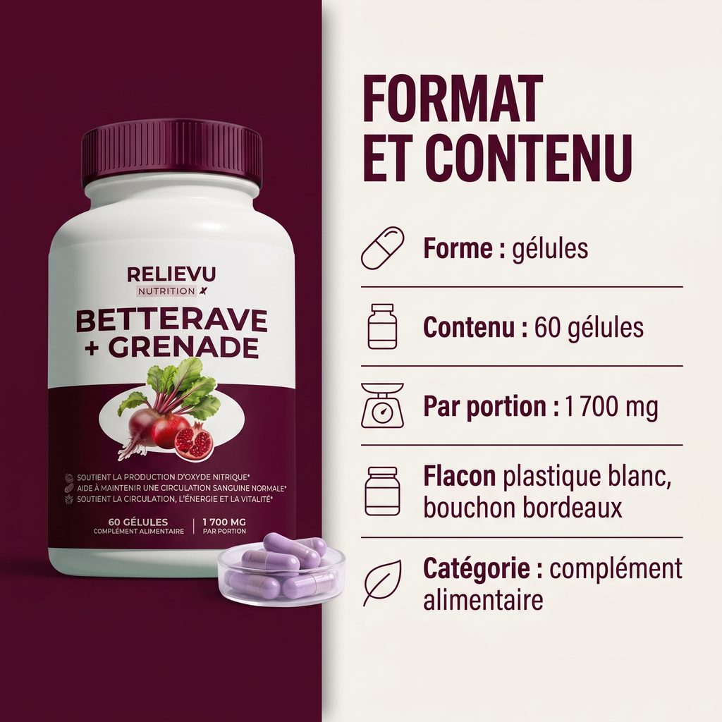 Format et contenu : gélules, flacon plastique blanc à bouchon bordeaux de 60 gélules, 1 700 mg par portion, complément alimentaire