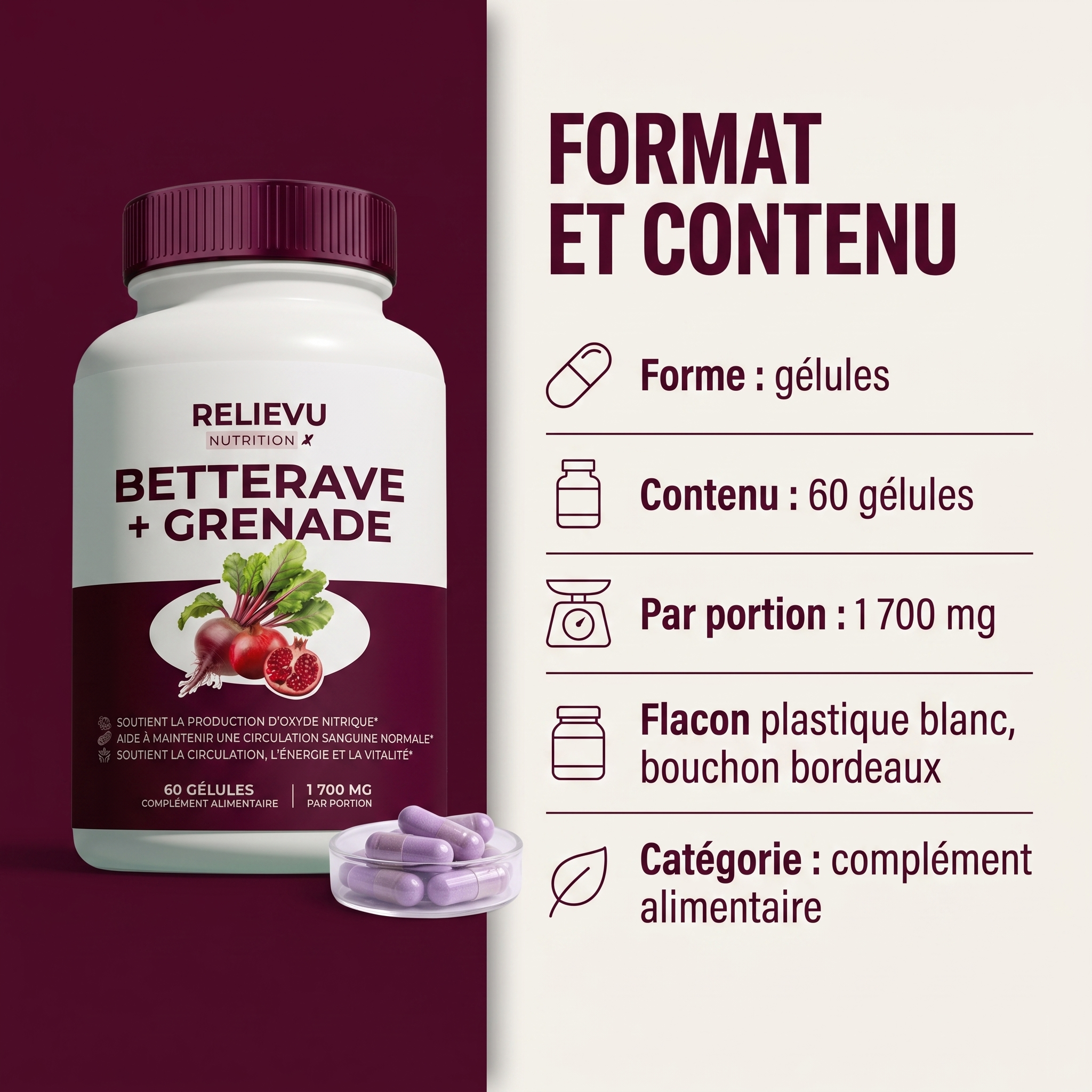 Format et contenu : gélules, flacon plastique blanc à bouchon bordeaux de 60 gélules, 1 700 mg par portion, complément alimentaire