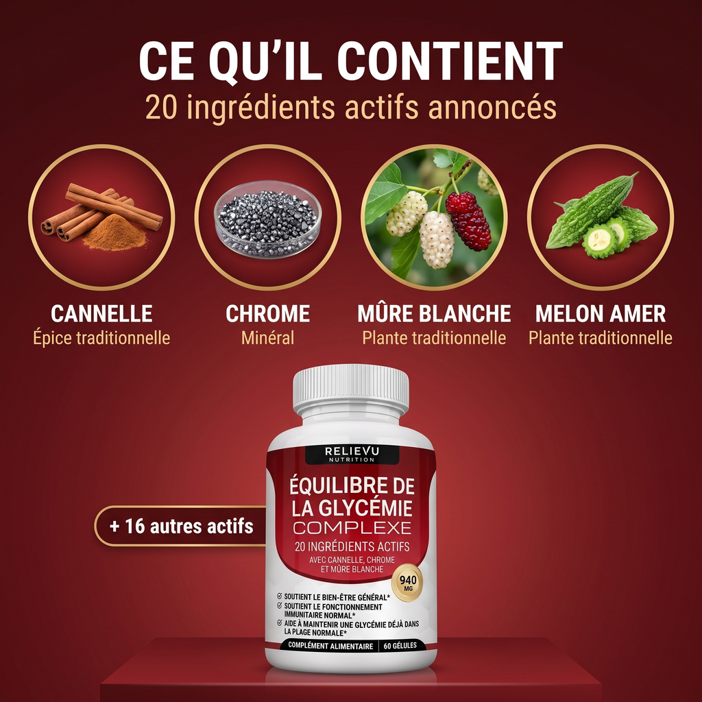Ce qu'il contient : cannelle, chrome, mûre blanche et melon amer, parmi les 20 ingrédients actifs annoncés du complexe Relievu.