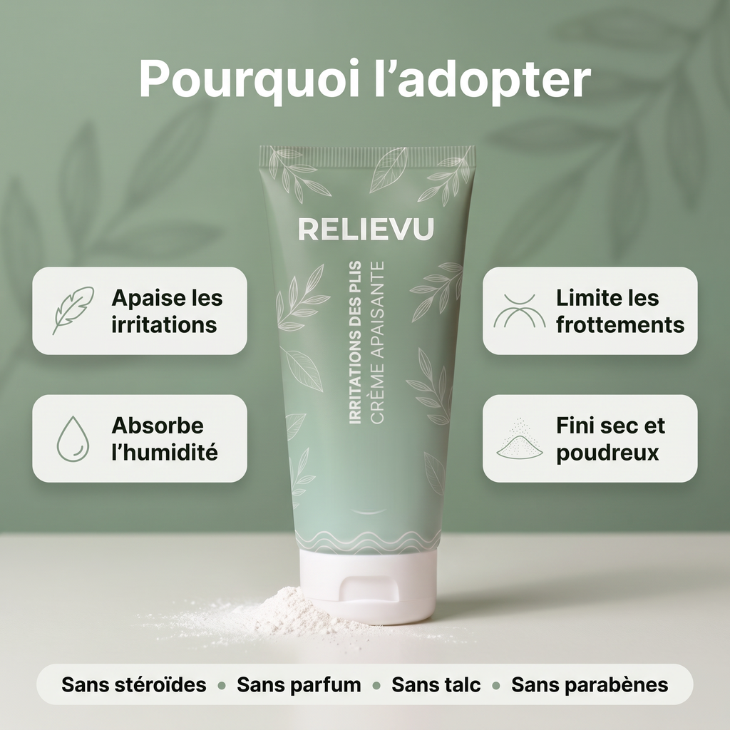 Points clés : apaise les irritations, absorbe l'humidité, limite les frottements, fini sec et poudreux ; sans stéroïdes, sans parfum, sans talc, sans parabènes