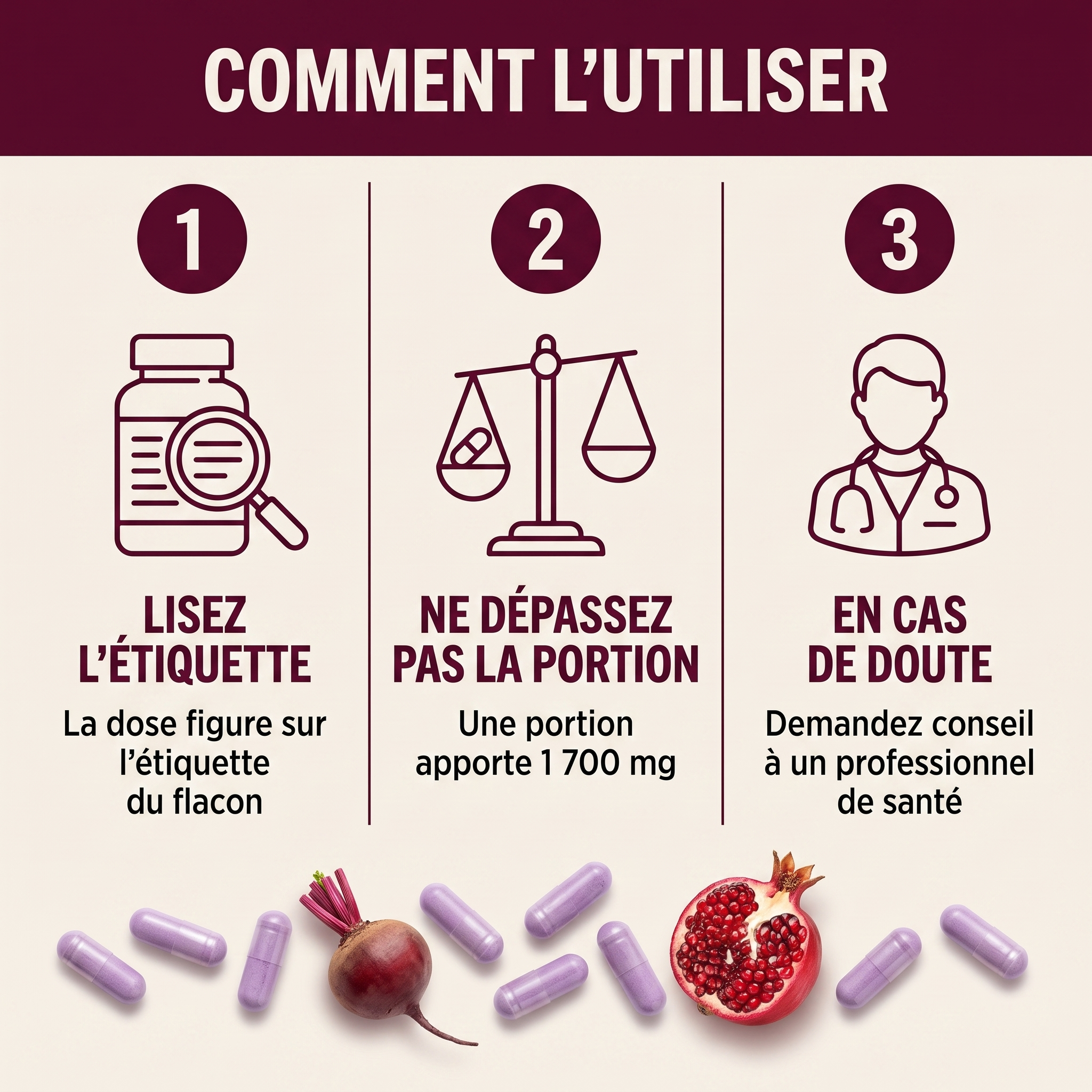 Comment l'utiliser en 3 étapes : lisez l'étiquette du flacon, ne dépassez pas la portion de 1 700 mg, demandez conseil à un professionnel de santé