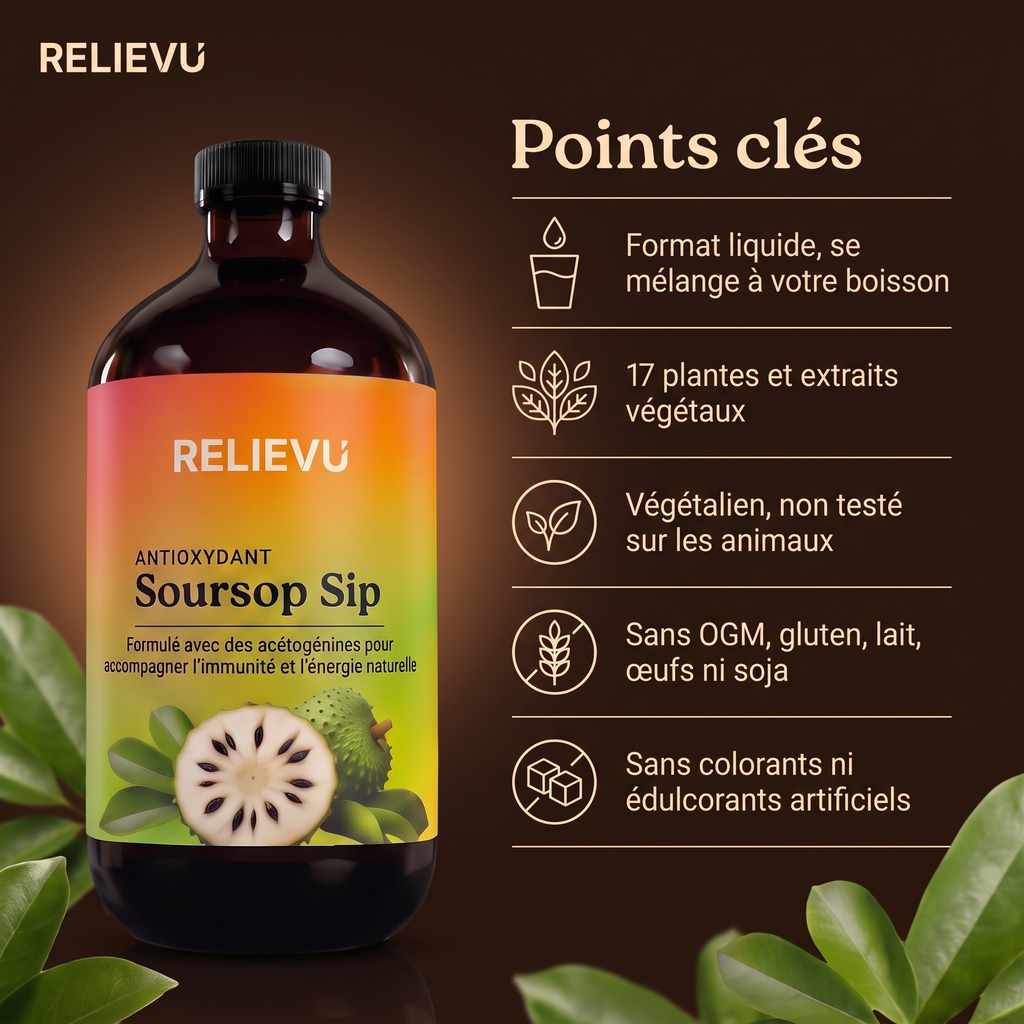 Points clés du Relievu Soursop Sip : format liquide qui se mélange à votre boisson, 17 plantes et extraits végétaux, végétalien et non testé sur les animaux, sans OGM, gluten, lait, œufs ni soja, sans colorants ni édulcorants artificiels.