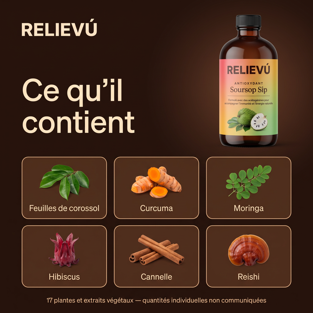 Ce qu'il contient : six des 17 plantes de la formule Relievu Soursop Sip — feuilles de corossol, curcuma, moringa, hibiscus, cannelle et reishi — à côté du flacon.