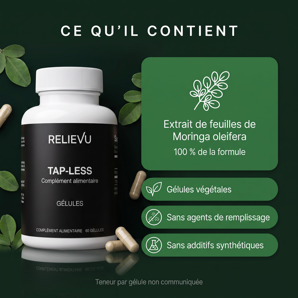 Composition de Relievu Tap-Less : extrait de feuilles de Moringa oleifera, 100 % de la formule, gélules végétales, sans agents de remplissage, sans additifs synthétiques