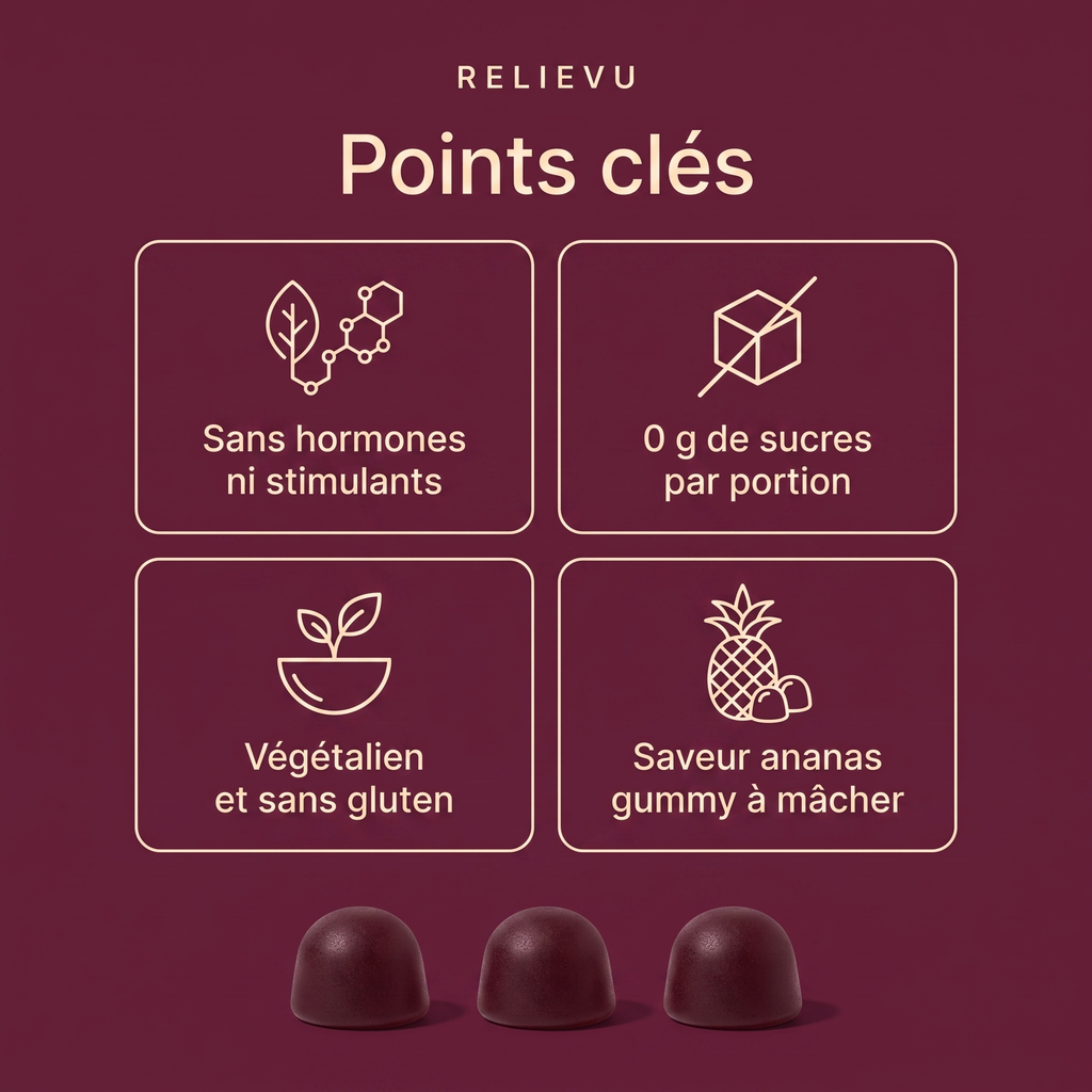 Points clés des gummies Relievu Tabu : sans hormones ni stimulants, 0 g de sucres par portion, végétalien et sans gluten, saveur ananas.