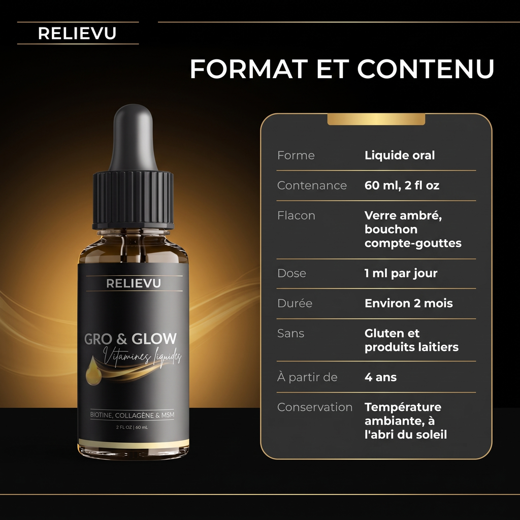 Format et contenu : liquide oral, flacon en verre ambré de 60 ml, 1 ml par jour, environ 2 mois d'utilisation