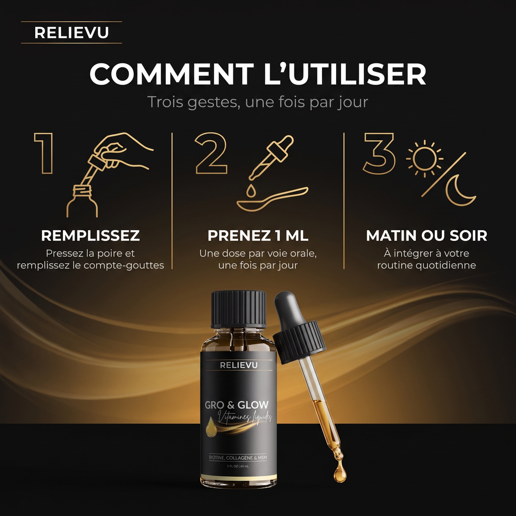 Comment l'utiliser en trois gestes : remplir le compte-gouttes, prendre 1 ml par voie orale, matin ou soir