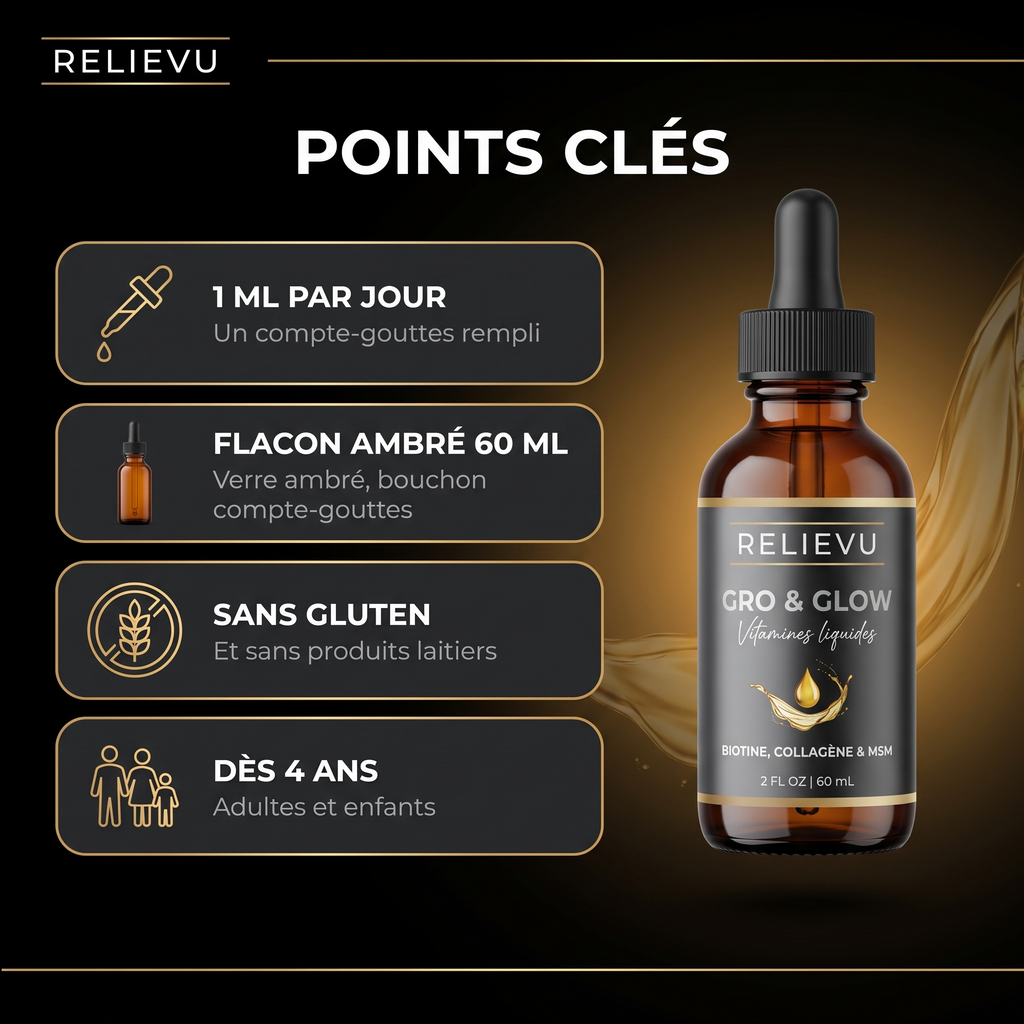 Points clés : 1 ml par jour au compte-gouttes, flacon ambré de 60 ml, sans gluten ni produits laitiers, dès 4 ans