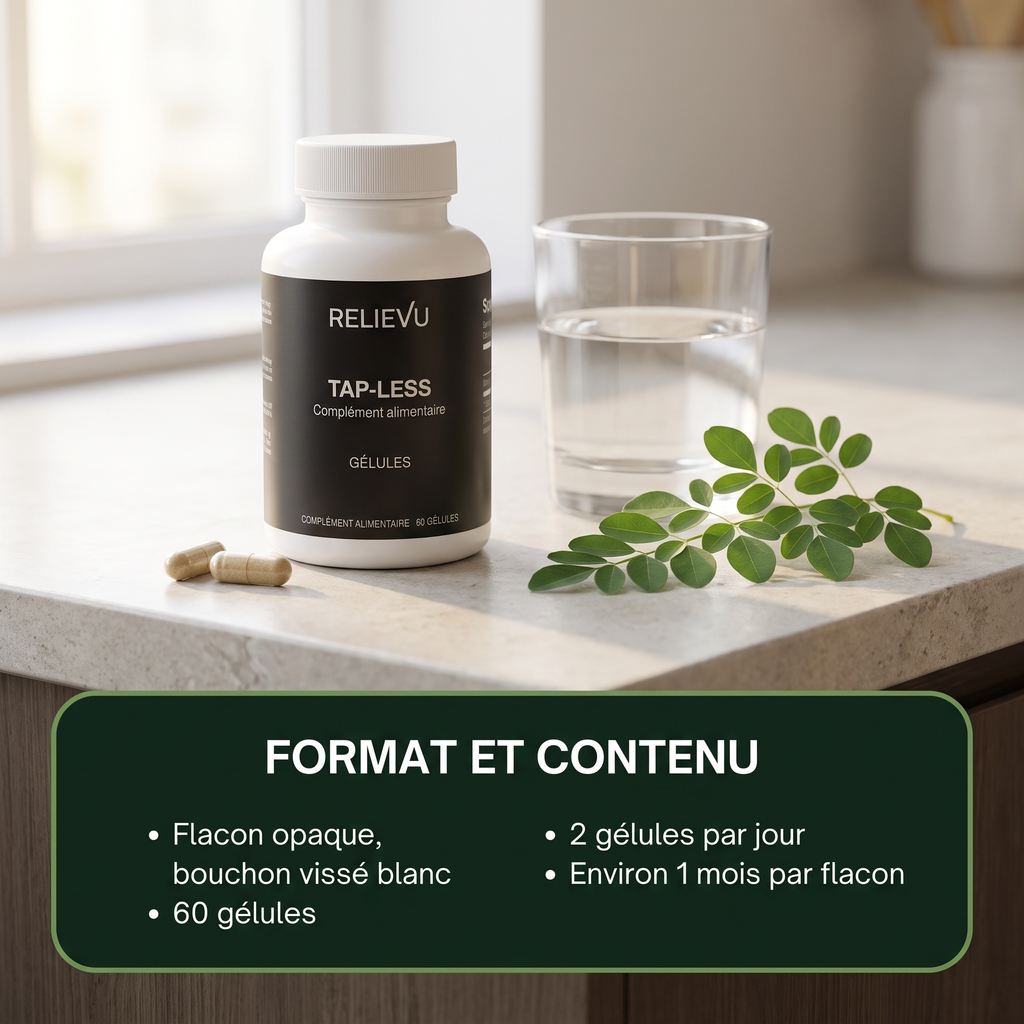Format et contenu de Relievu Tap-Less : flacon opaque à bouchon vissé blanc, 60 gélules, 2 gélules par jour, environ 1 mois par flacon