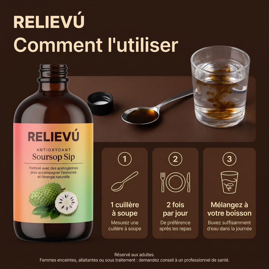 Comment utiliser Relievu Soursop Sip en trois étapes : 1 cuillère à soupe, 2 fois par jour de préférence après les repas, mélangée à votre boisson. Réservé aux adultes.