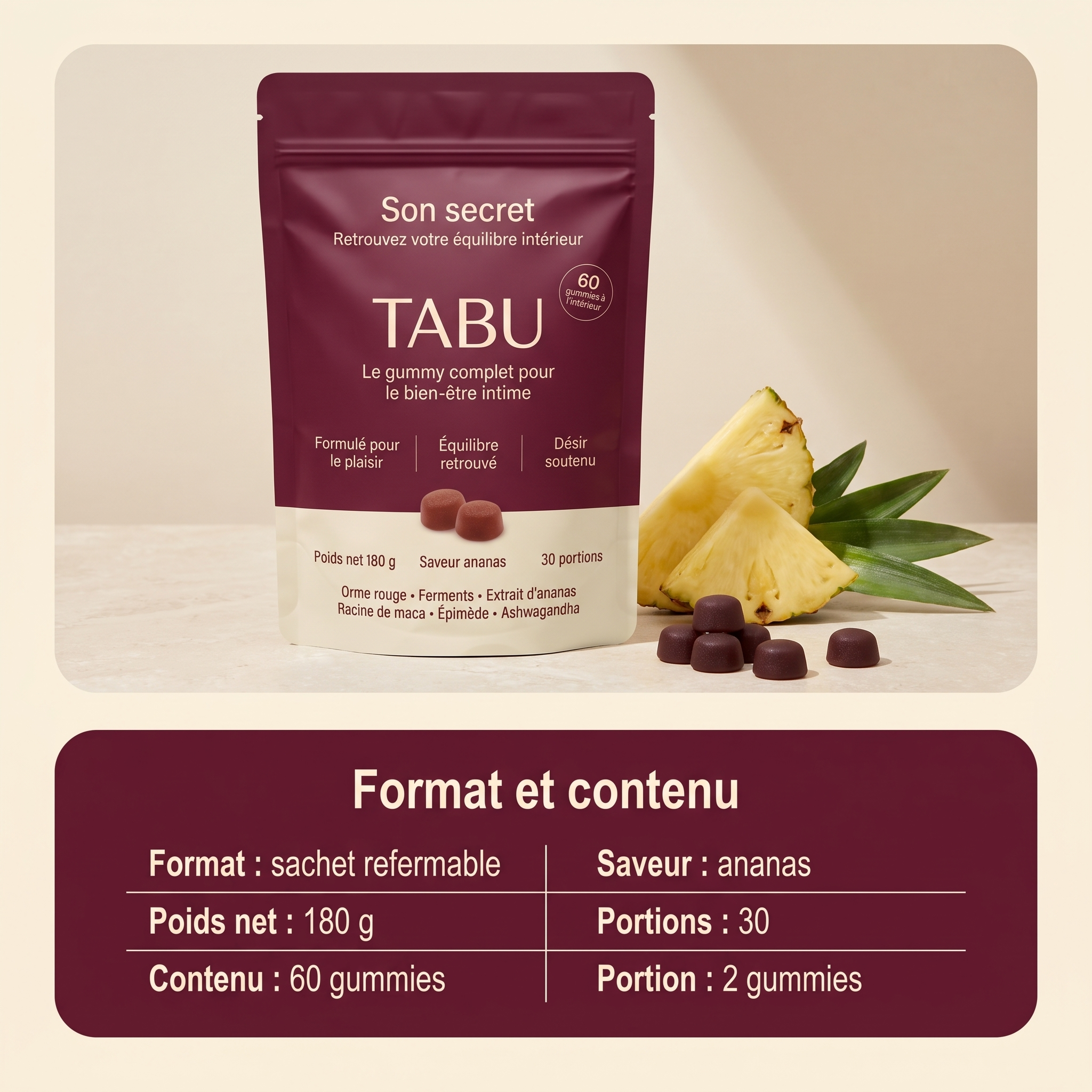 Format et contenu : sachet refermable Relievu Tabu de 60 gummies, 30 portions de 2 gummies, poids net 180 g, saveur ananas.