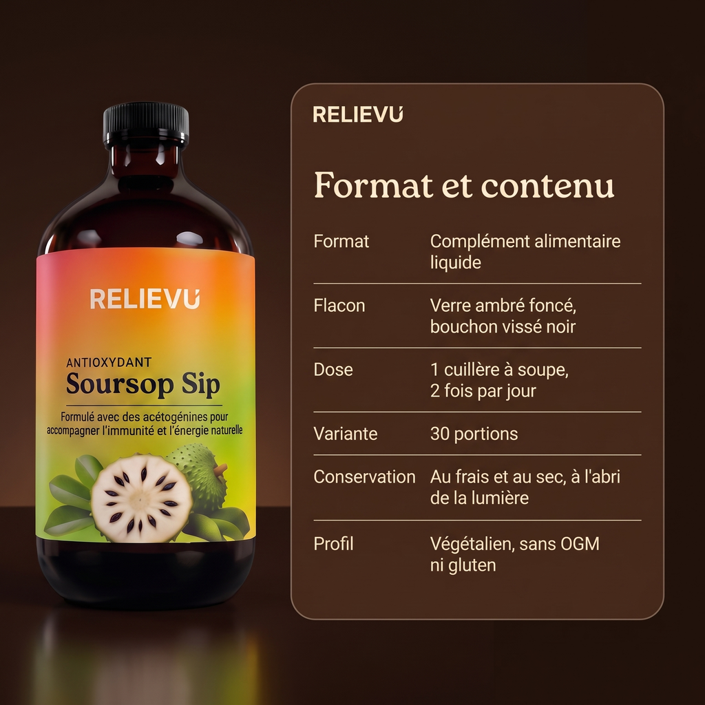 Format et contenu : complément alimentaire liquide en flacon de verre ambré foncé à bouchon vissé noir, dose d'une cuillère à soupe deux fois par jour, variante 30 portions.
