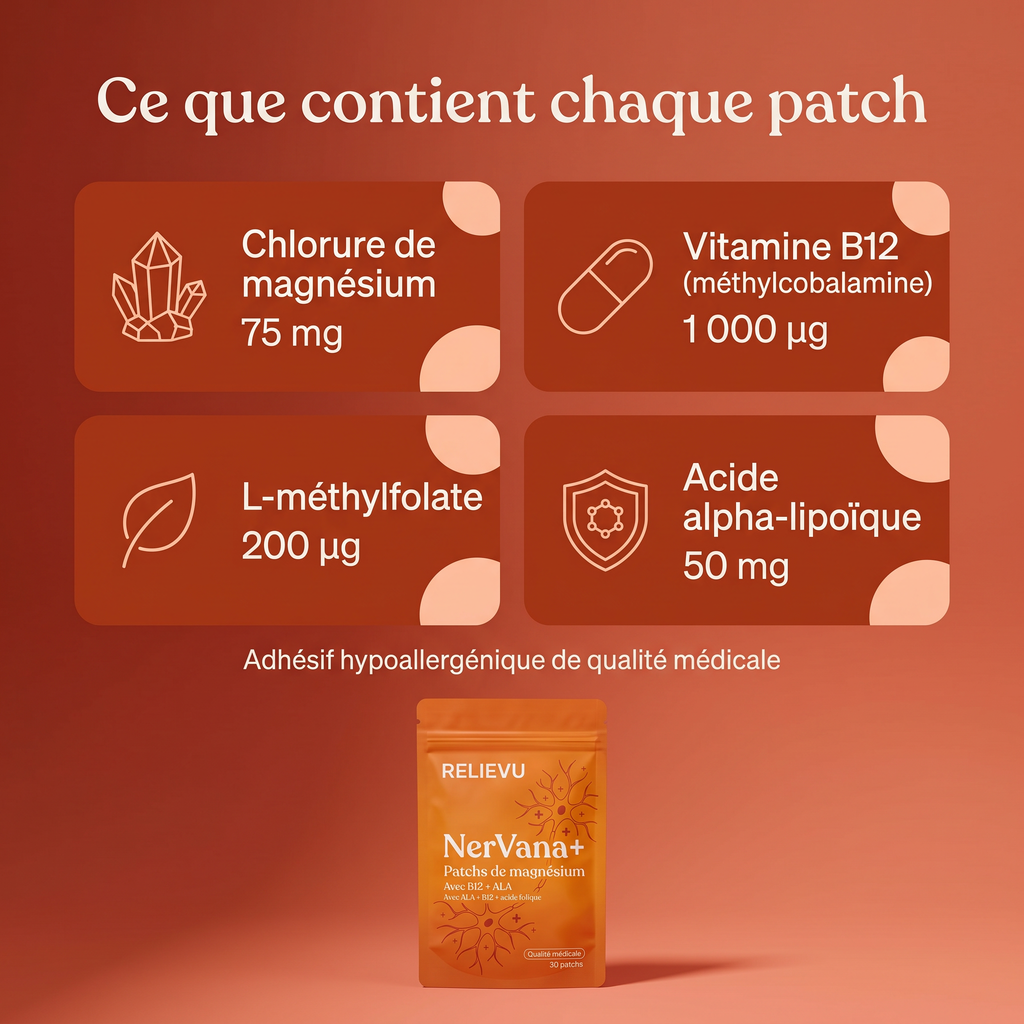 Composition d'un patch Relievu NerVana+ : chlorure de magnésium 75 mg, vitamine B12 (méthylcobalamine) 1 000 µg, L-méthylfolate 200 µg, acide alpha-lipoïque 50 mg, adhésif hypoallergénique de qualité médicale