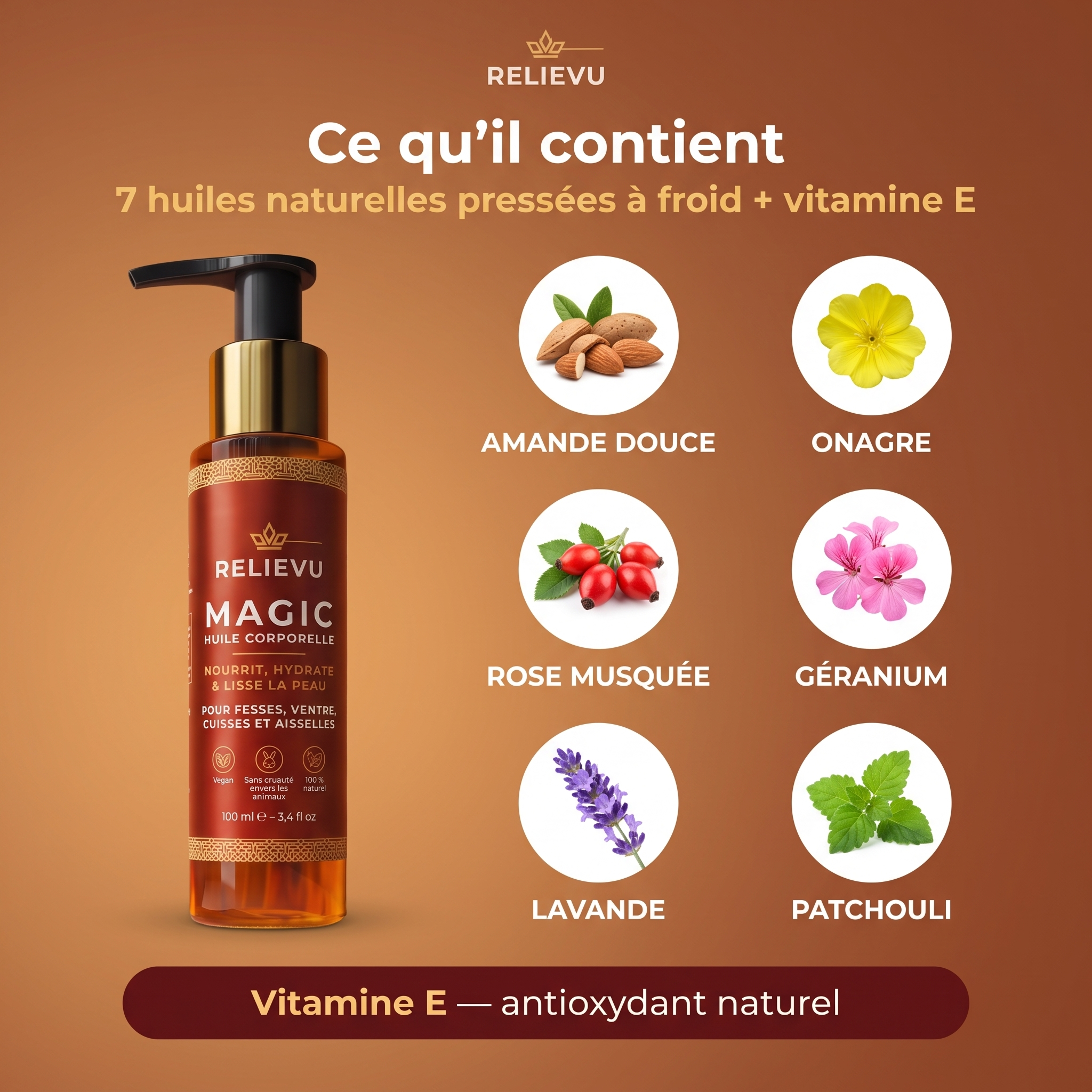 Ce qu'il contient : 7 huiles naturelles pressées à froid et vitamine E — amande douce, onagre, rose musquée, géranium, lavande, patchouli