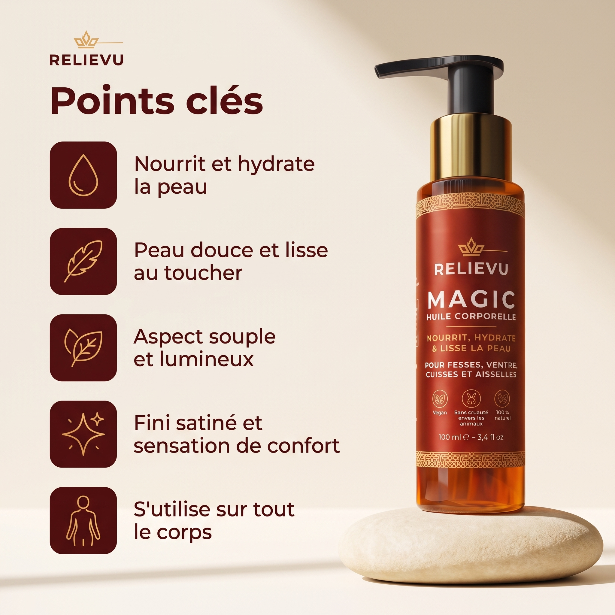 Points clés : nourrit et hydrate la peau, peau douce et lisse au toucher, aspect souple et lumineux, fini satiné, s'utilise sur tout le corps