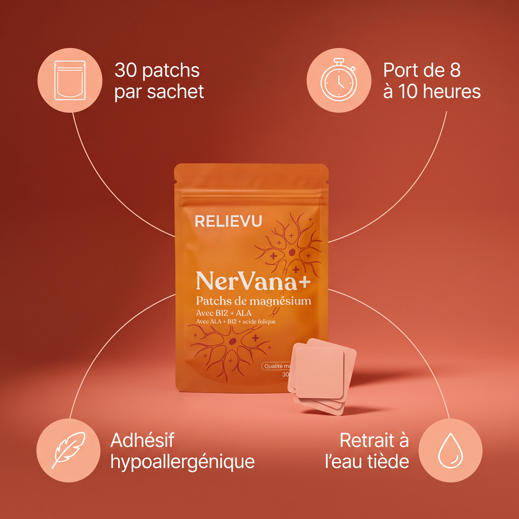 Points clés des patchs Relievu NerVana+ : 30 patchs par sachet, port de 8 à 10 heures, adhésif hypoallergénique, retrait à l'eau tiède