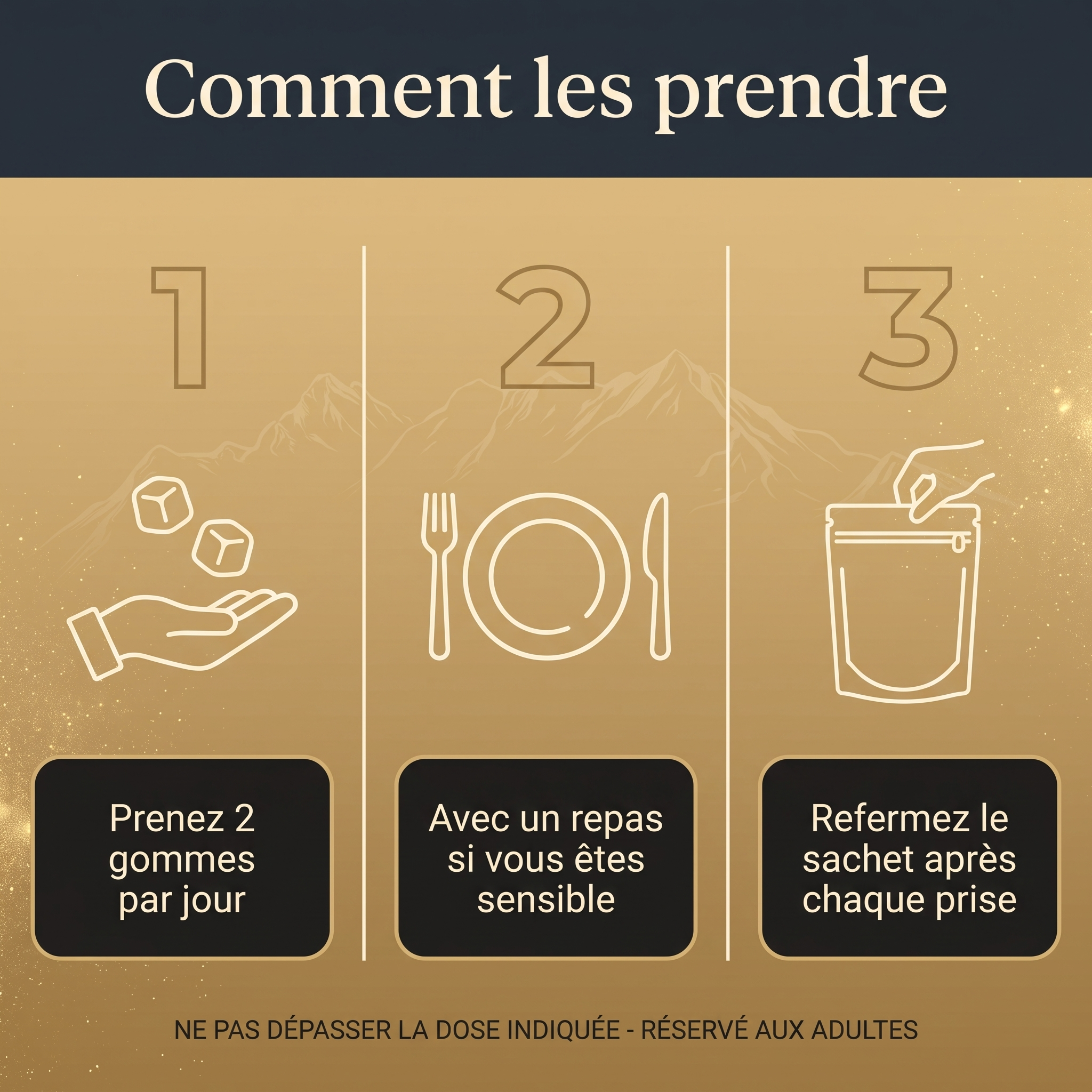 Comment les prendre en 3 étapes : prenez 2 gommes par jour, avec un repas si vous êtes sensible, refermez le sachet après chaque prise