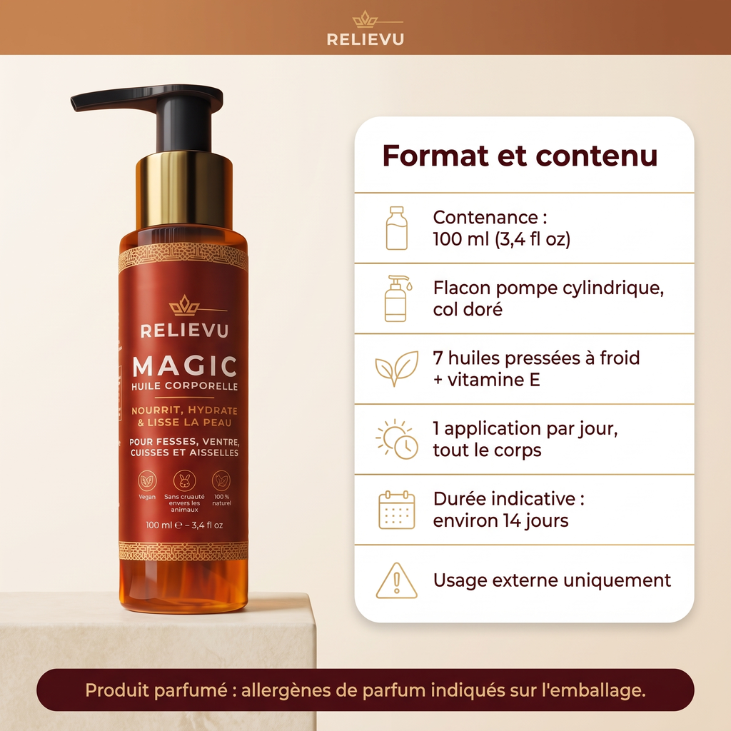 Format et contenu : flacon pompe de 100 ml (3,4 fl oz), 7 huiles pressées à froid et vitamine E, 1 application par jour, durée indicative environ 14 jours, usage externe uniquement