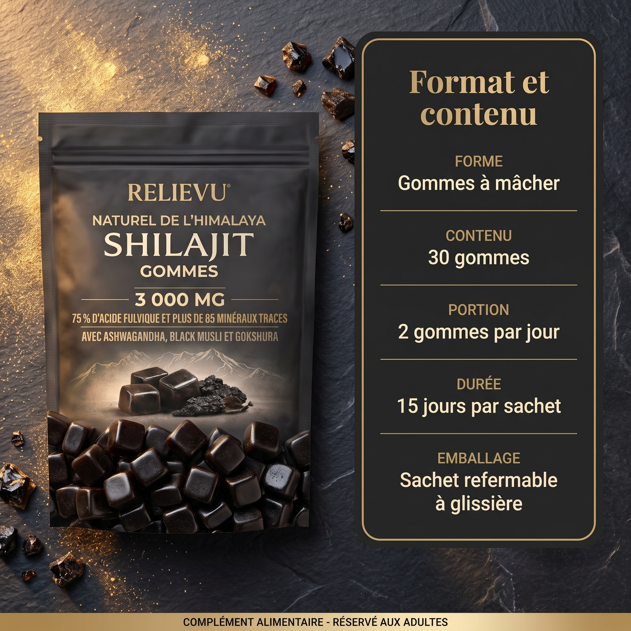 Format et contenu : gommes à mâcher, 30 gommes, 2 gommes par jour, 15 jours par sachet, sachet refermable à glissière
