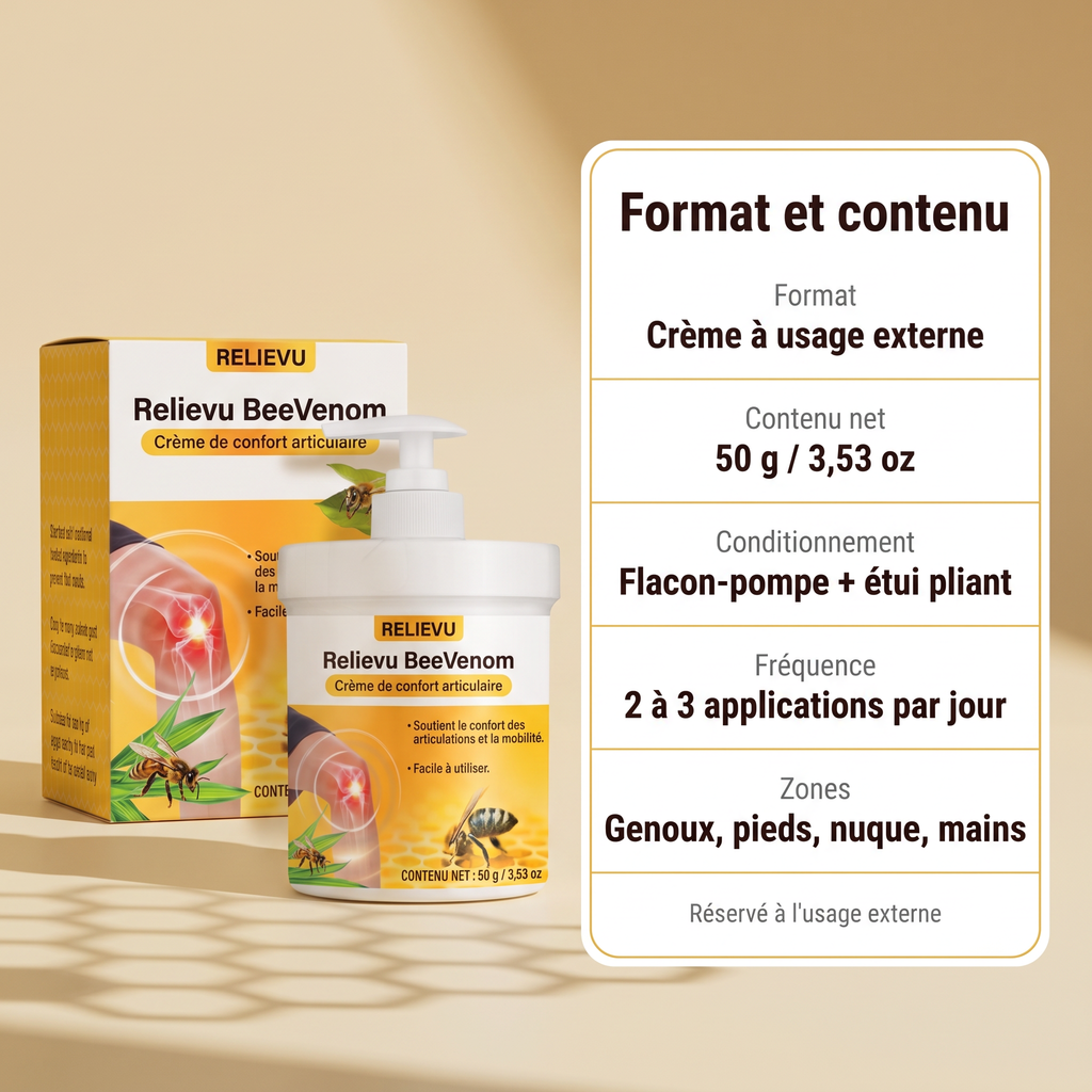 Format et contenu de la crème Relievu BeeVenom : crème à usage externe, contenu net 50 g / 3,53 oz, flacon-pompe avec étui pliant, 2 à 3 applications par jour, zones genoux, pieds, nuque et mains.