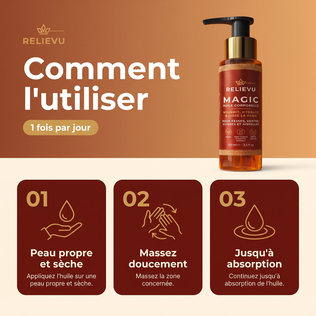 Comment l'utiliser en 3 étapes, 1 fois par jour : peau propre et sèche, massez doucement, continuez jusqu'à absorption de l'huile