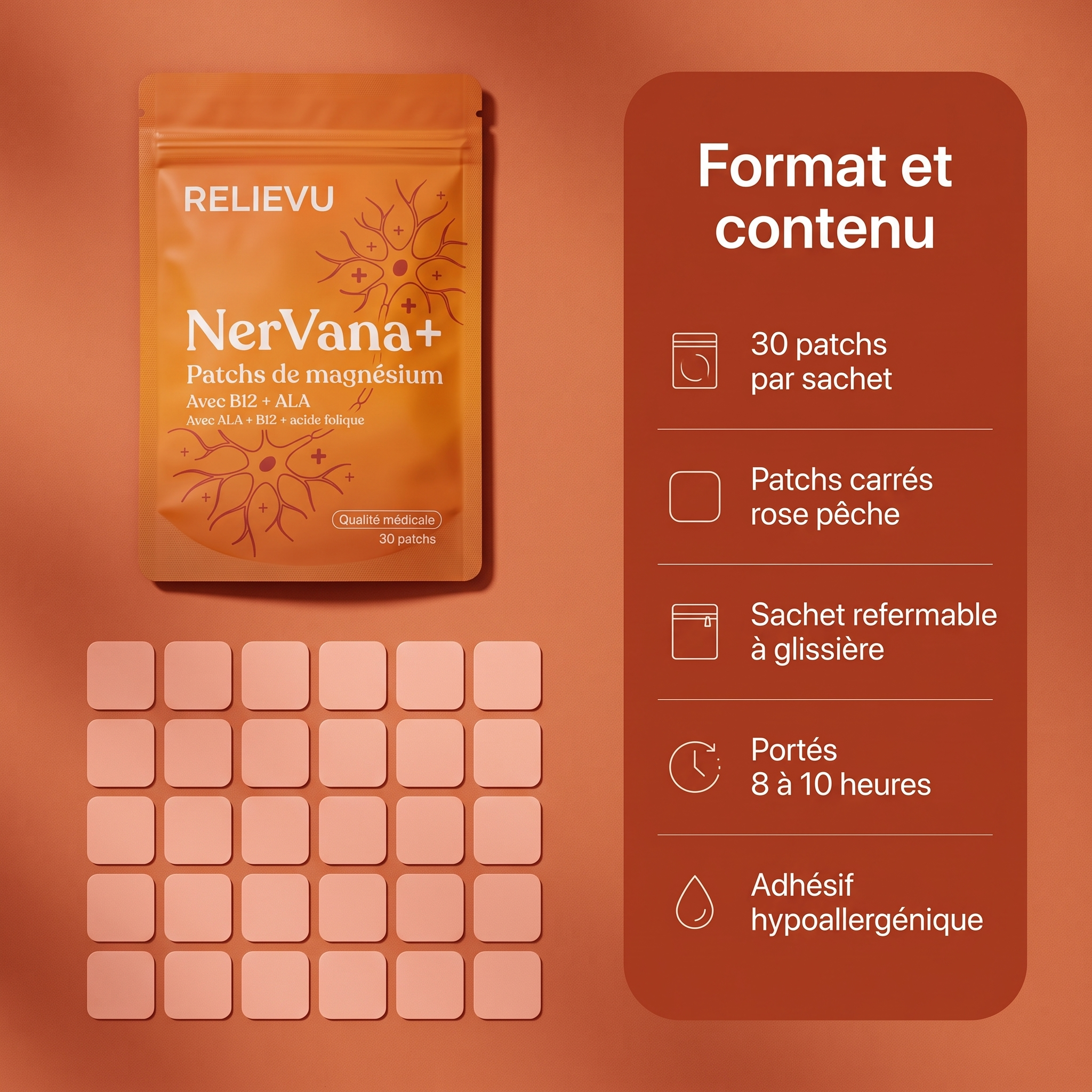 Format et contenu : sachet refermable à glissière contenant 30 patchs carrés rose pêche Relievu NerVana+