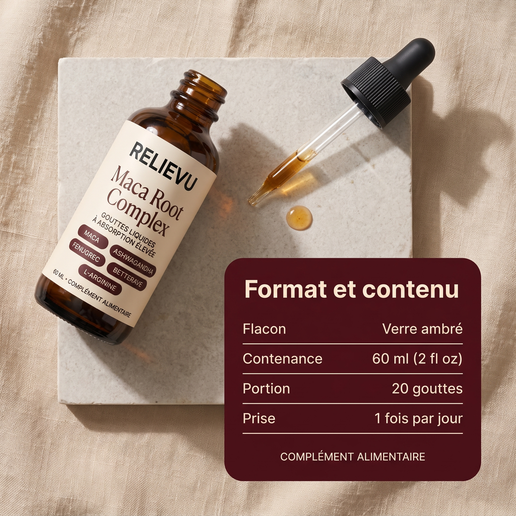 Format et contenu du Relievu Maca Root Complex : flacon en verre ambré de 60 ml (2 fl oz), portion de 20 gouttes, une prise par jour, complément alimentaire.
