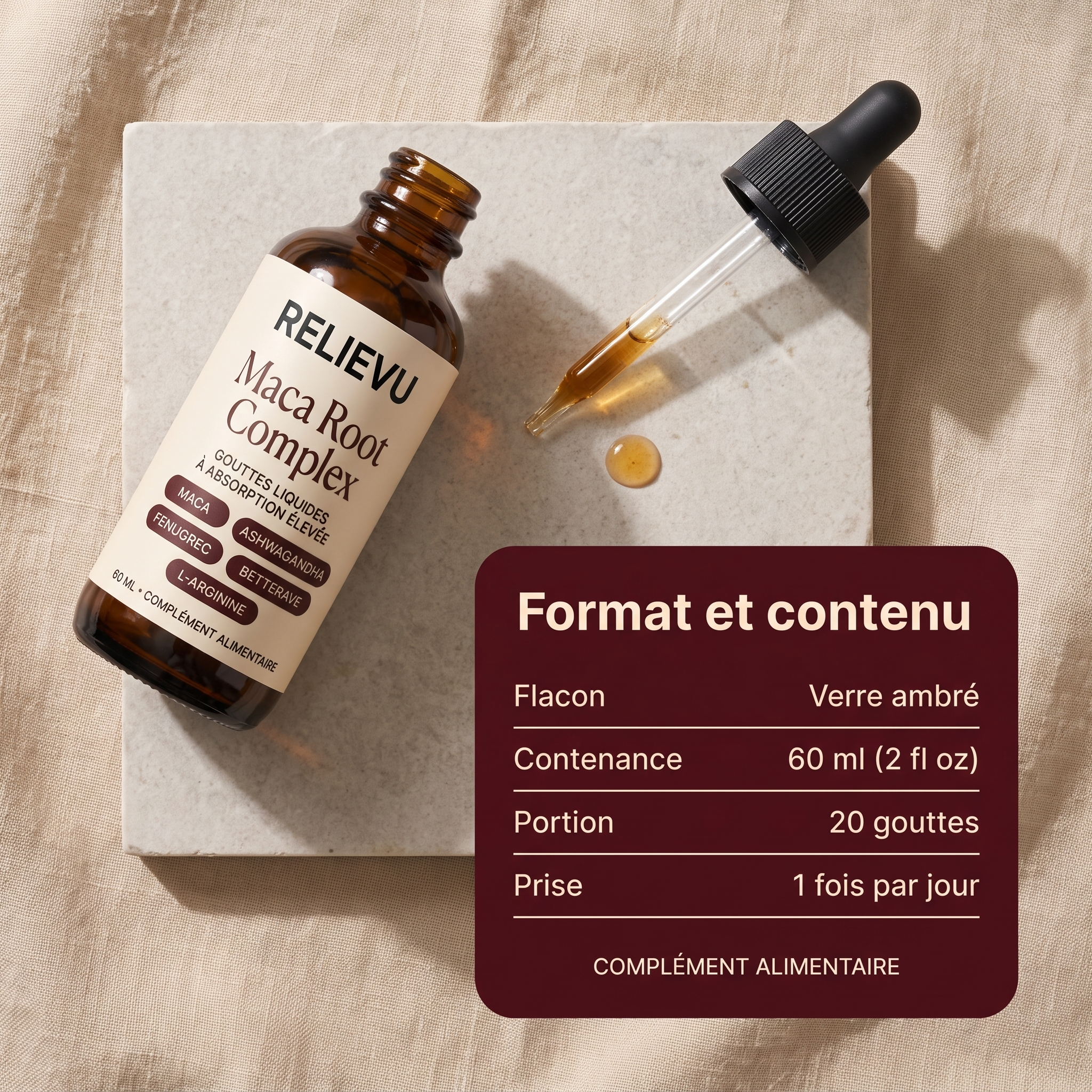 Format et contenu du Relievu Maca Root Complex : flacon en verre ambré de 60 ml (2 fl oz), portion de 20 gouttes, une prise par jour, complément alimentaire.