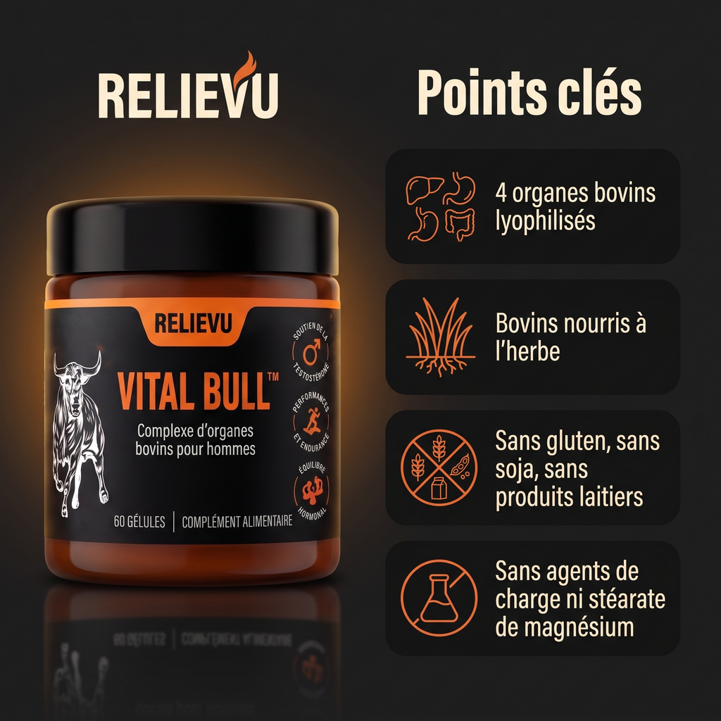 Points clés de Relievu Vital Bull : 4 organes bovins lyophilisés, bovins nourris à l'herbe, sans gluten, sans soja, sans produits laitiers, sans agents de charge ni stéarate de magnésium.
