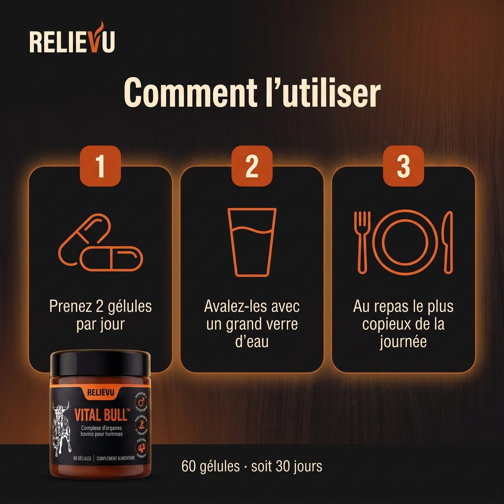 Mode d'emploi de Relievu Vital Bull en trois étapes : prenez 2 gélules par jour, avalez-les avec un grand verre d'eau, au repas le plus copieux de la journée. 60 gélules, soit 30 jours.