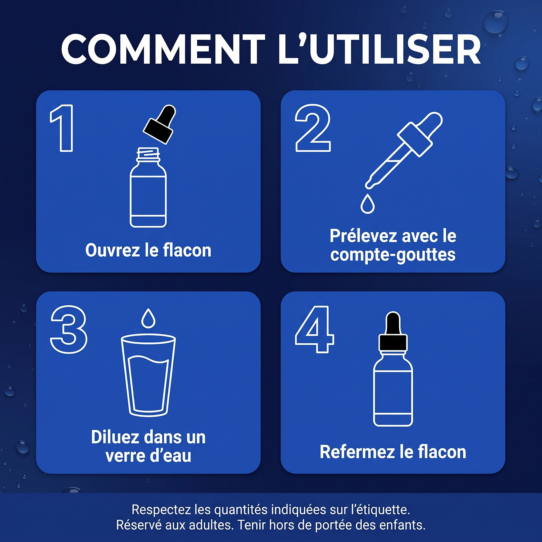 Comment l'utiliser en quatre étapes : ouvrez le flacon, prélevez avec le compte-gouttes, diluez dans un verre d'eau, refermez le flacon. Respectez les quantités indiquées sur l'étiquette. Réservé aux adultes, tenir hors de portée des enfants.