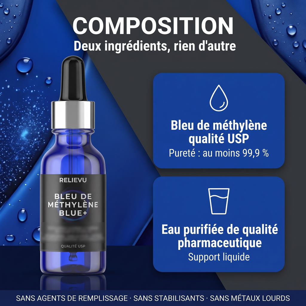 Composition : bleu de méthylène de qualité USP, pureté d'au moins 99,9 %, et eau purifiée de qualité pharmaceutique. Sans agents de remplissage, sans stabilisants, sans métaux lourds.
