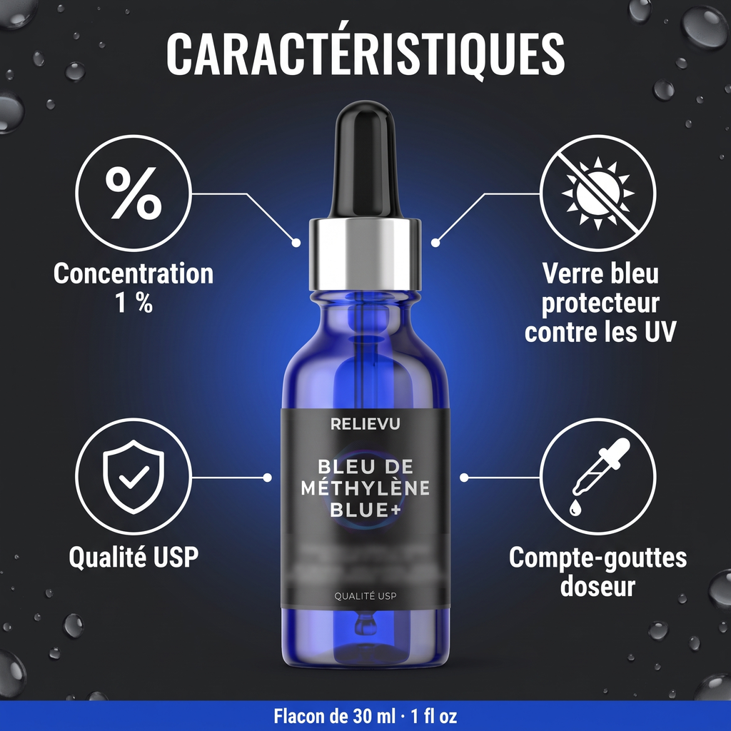 Caractéristiques du flacon : concentration 1 %, qualité USP, verre bleu protecteur contre les UV, compte-gouttes doseur. Flacon de 30 ml, 1 fl oz.