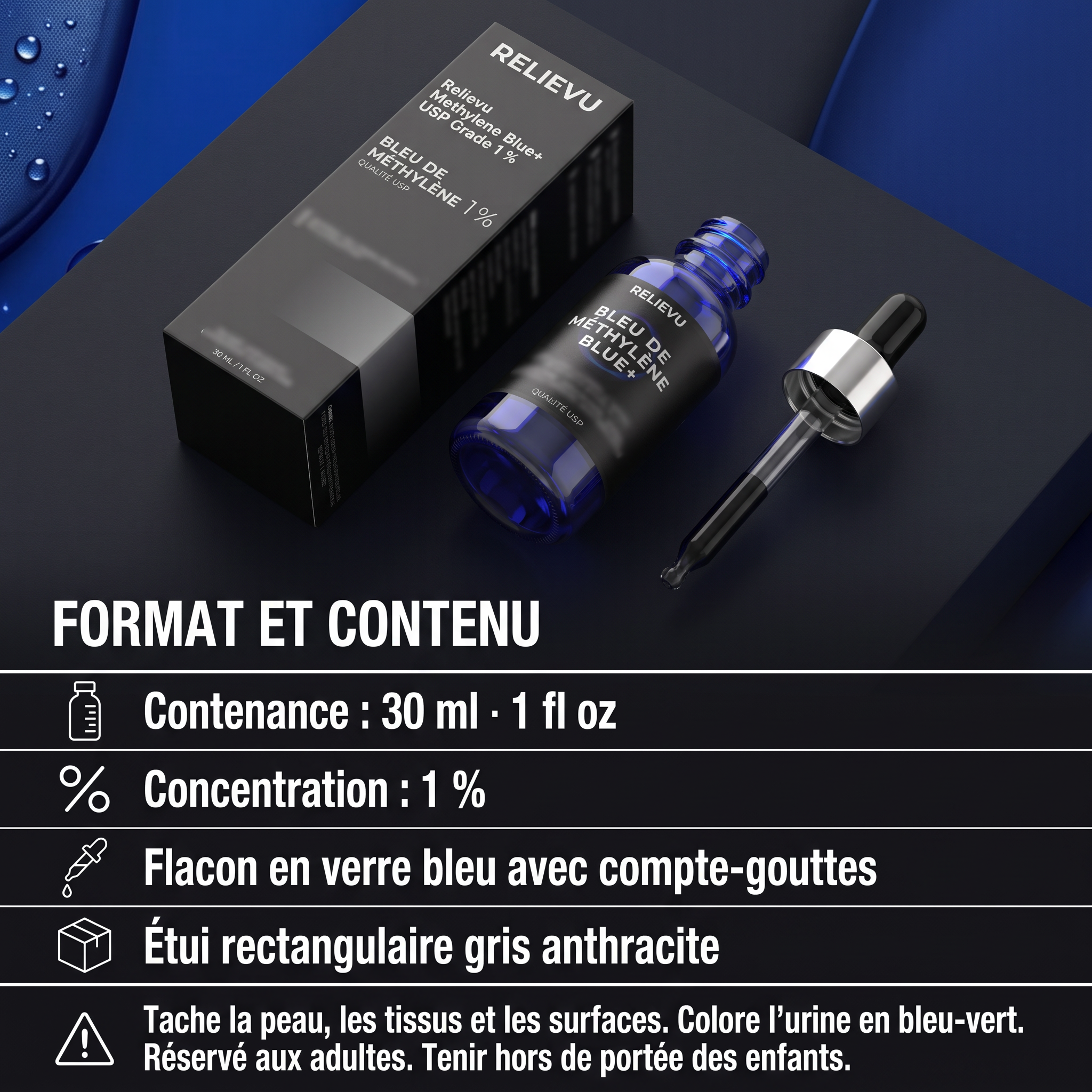 Format et contenu : contenance 30 ml, 1 fl oz, concentration 1 %, flacon en verre bleu avec compte-gouttes, étui rectangulaire gris anthracite. Tache la peau, les tissus et les surfaces, colore l'urine en bleu-vert. Réservé aux adultes, tenir hors de portée des enfants.