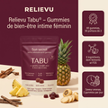 Sachet refermable Relievu Tabu de 60 gummies de bien-être intime féminin, saveur ananas, entouré d'ananas, de racine de maca et de gummies.