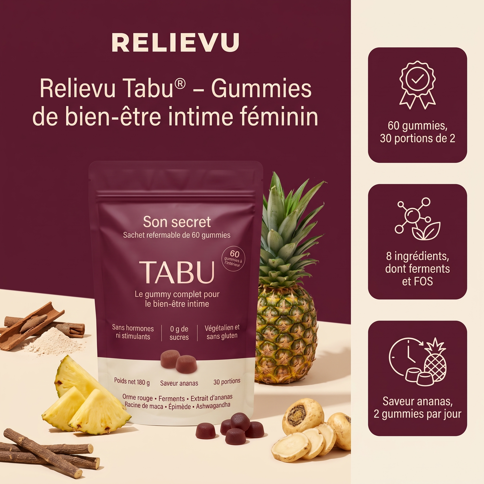 Sachet refermable Relievu Tabu de 60 gummies de bien-être intime féminin, saveur ananas, entouré d'ananas, de racine de maca et de gummies.