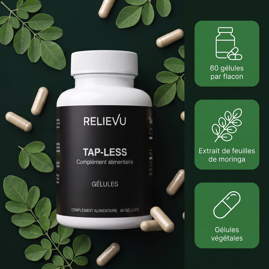 Flacon Relievu Tap-Less, gélules d'extrait de feuilles de Moringa oleifera : 60 gélules par flacon, gélules végétales