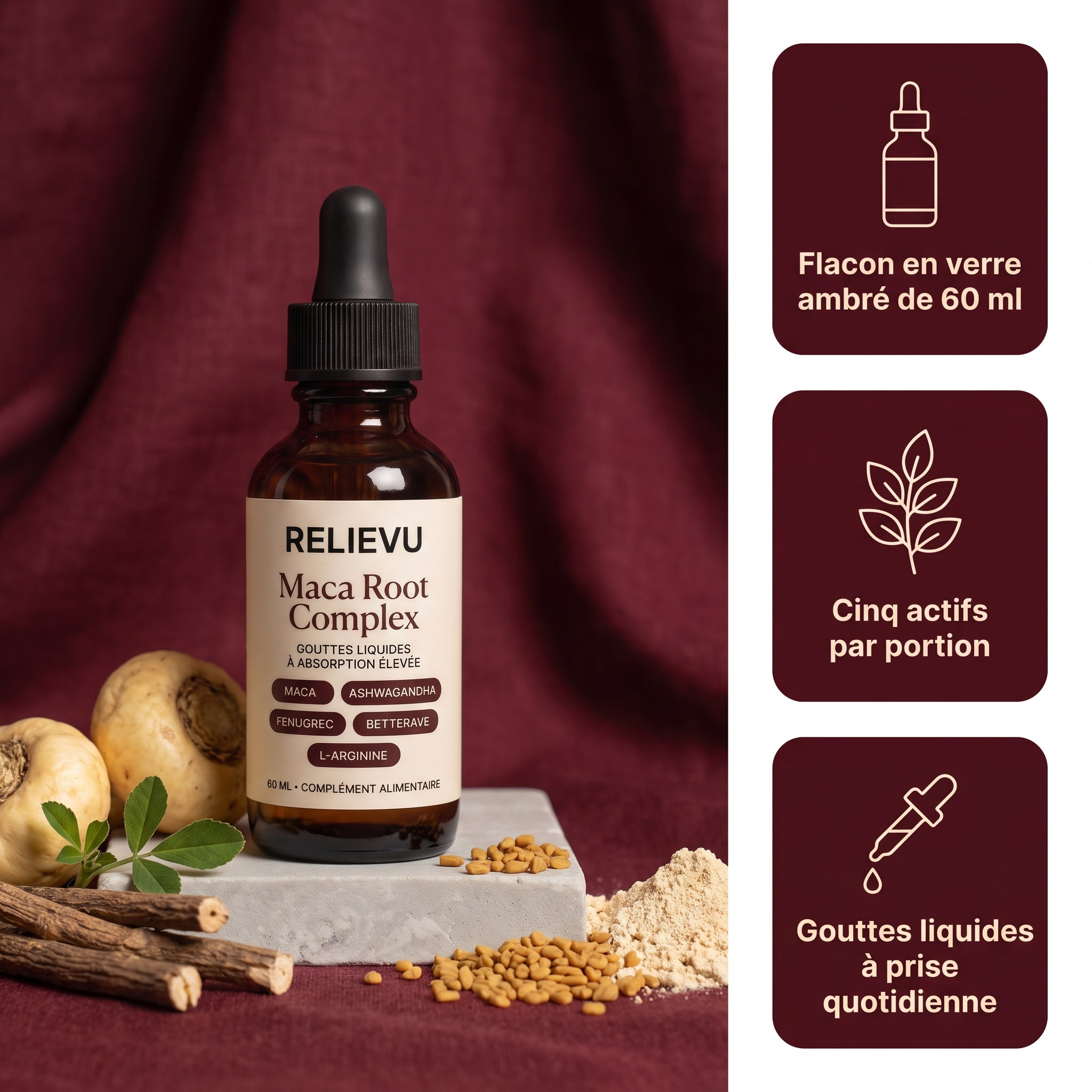 Flacon en verre ambré de 60 ml Relievu Maca Root Complex avec bouchon compte-gouttes noir, posé sur une dalle de pierre entouré de racines de maca, de graines de fenugrec et de poudre : gouttes liquides, cinq actifs par portion, prise quotidienne.