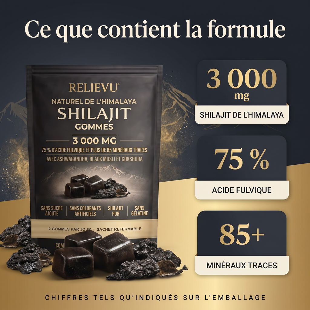 Ce que contient la formule : shilajit de l'Himalaya 3 000 mg, 75 % d'acide fulvique, plus de 85 minéraux traces, chiffres tels qu'indiqués sur l'emballage