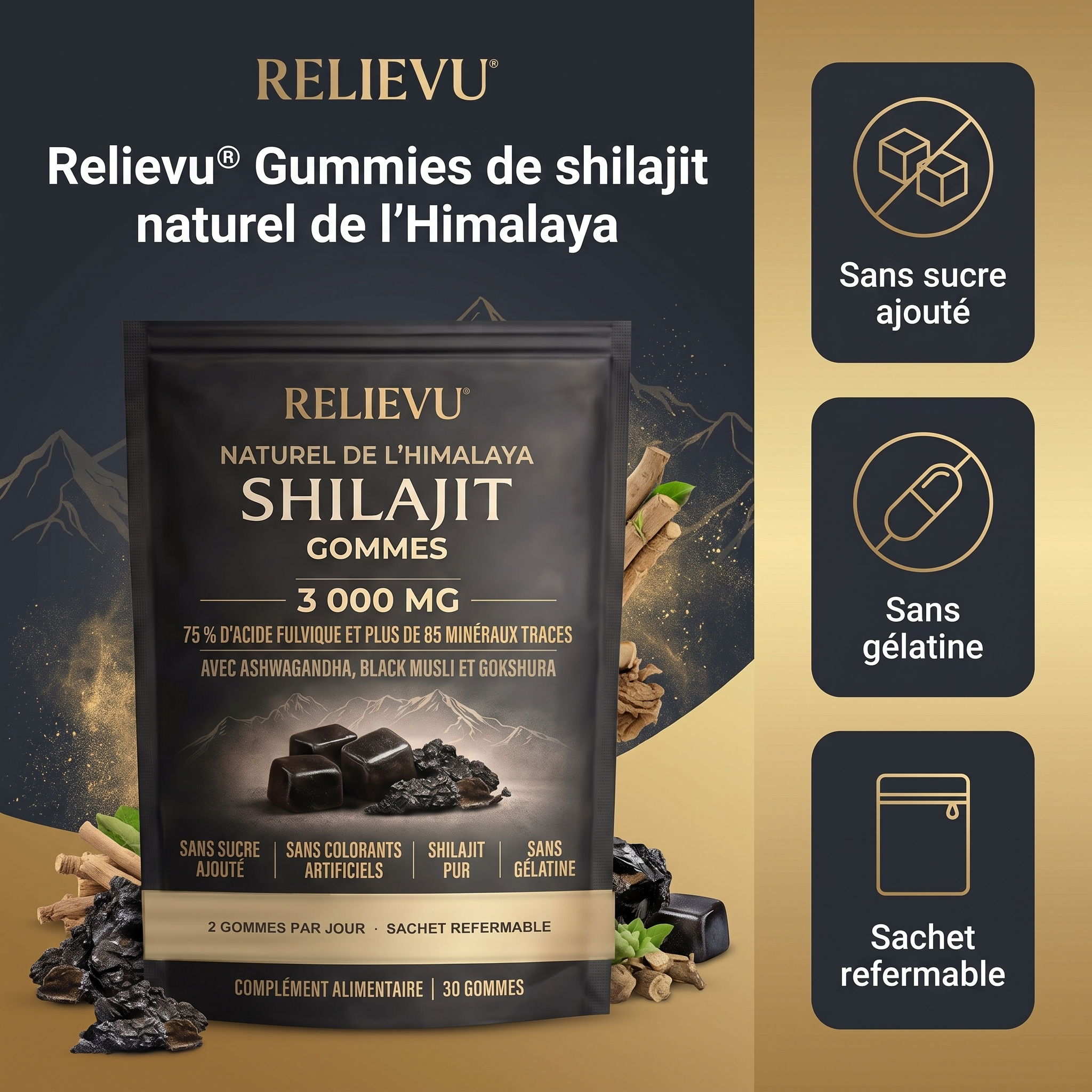 Relievu® Gummies de shilajit naturel de l’Himalaya — sachet de 30 gommes, sans sucre ajouté, sans gélatine, sachet refermable