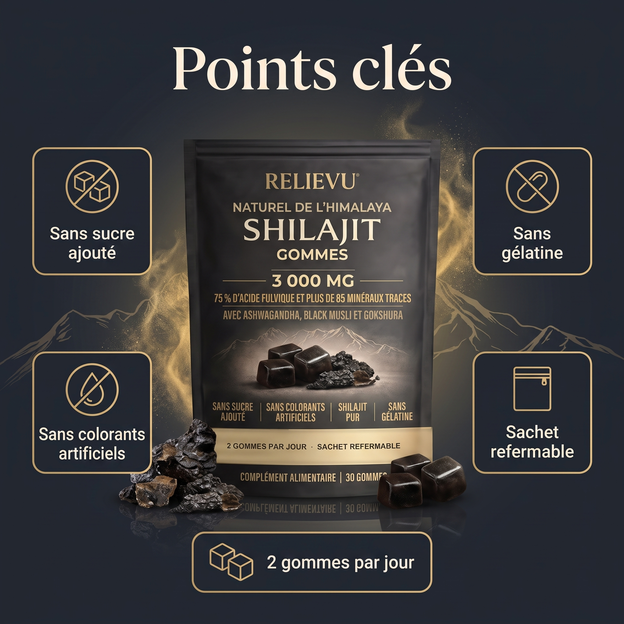 Points clés du sachet de gommes Relievu shilajit : sans sucre ajouté, sans colorants artificiels, sans gélatine, sachet refermable, 2 gommes par jour