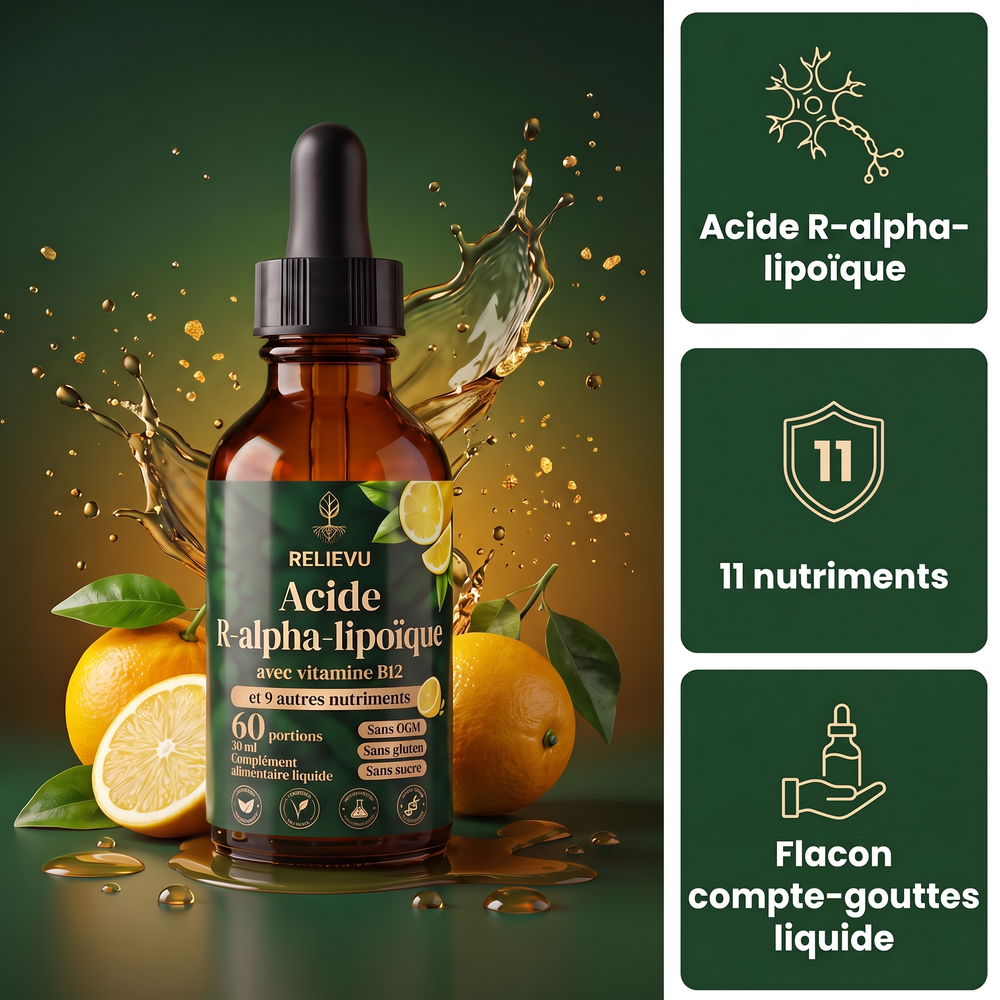 Relievu, gouttes de soutien nerveux 11-en-1 à l’acide R-alpha-lipoïque et vitamine B12