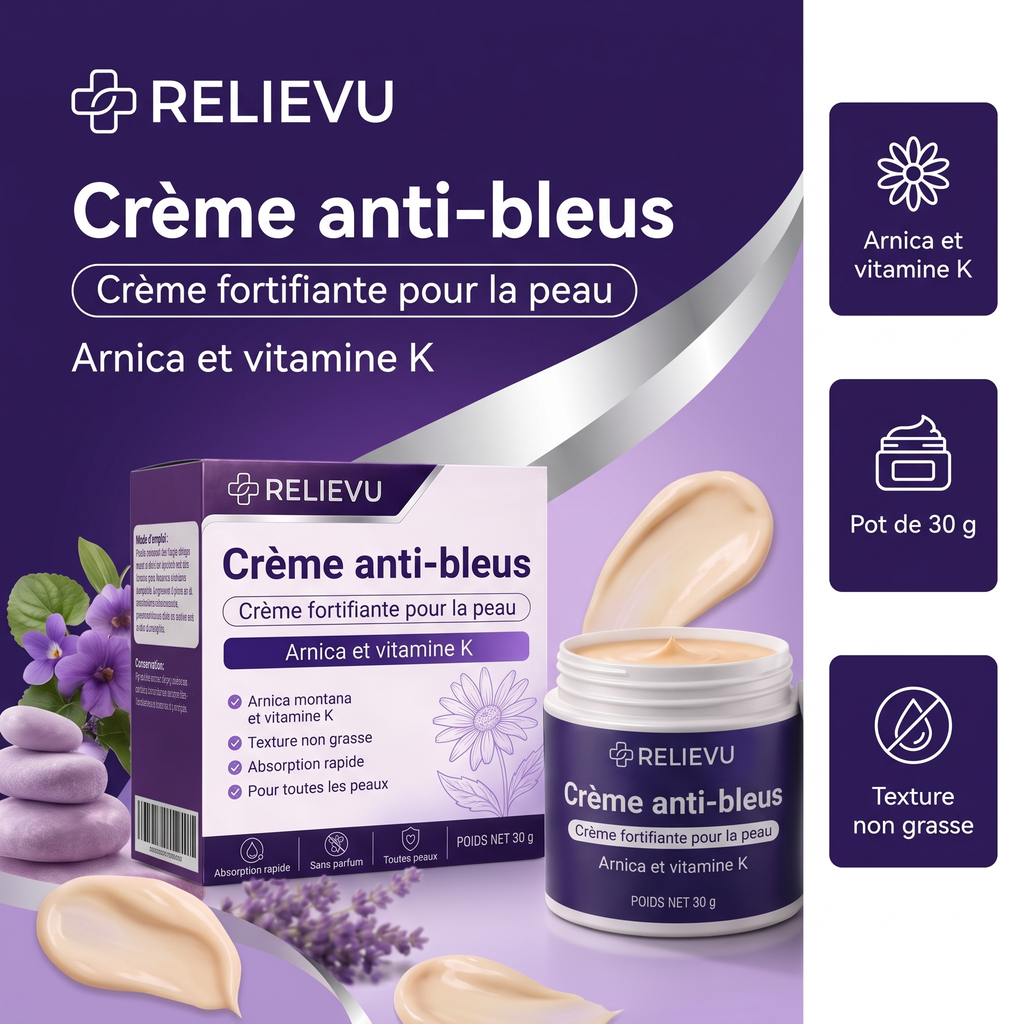 Crème à l'arnica et vitamine K Relievu : étui et pot de 30 g, texture non grasse