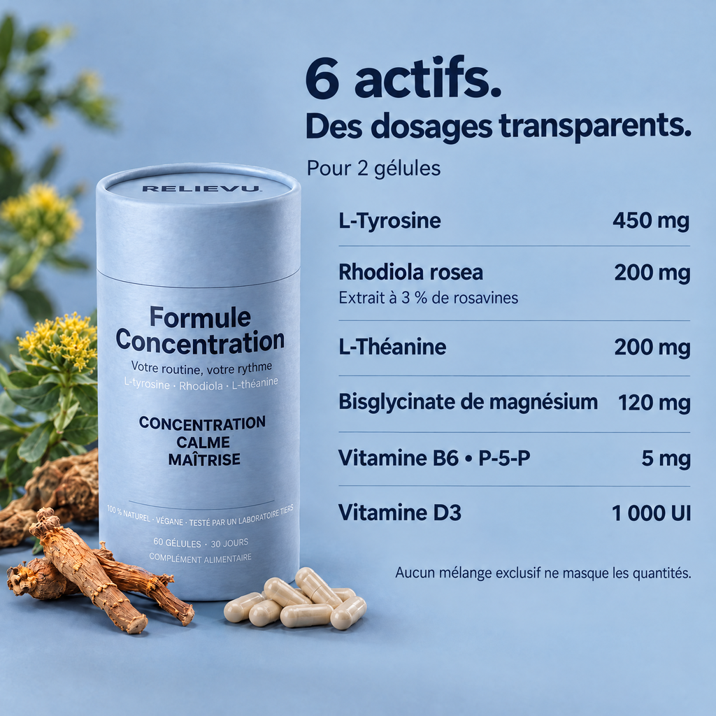 Les six actifs et leurs dosages par portion de deux gélules.