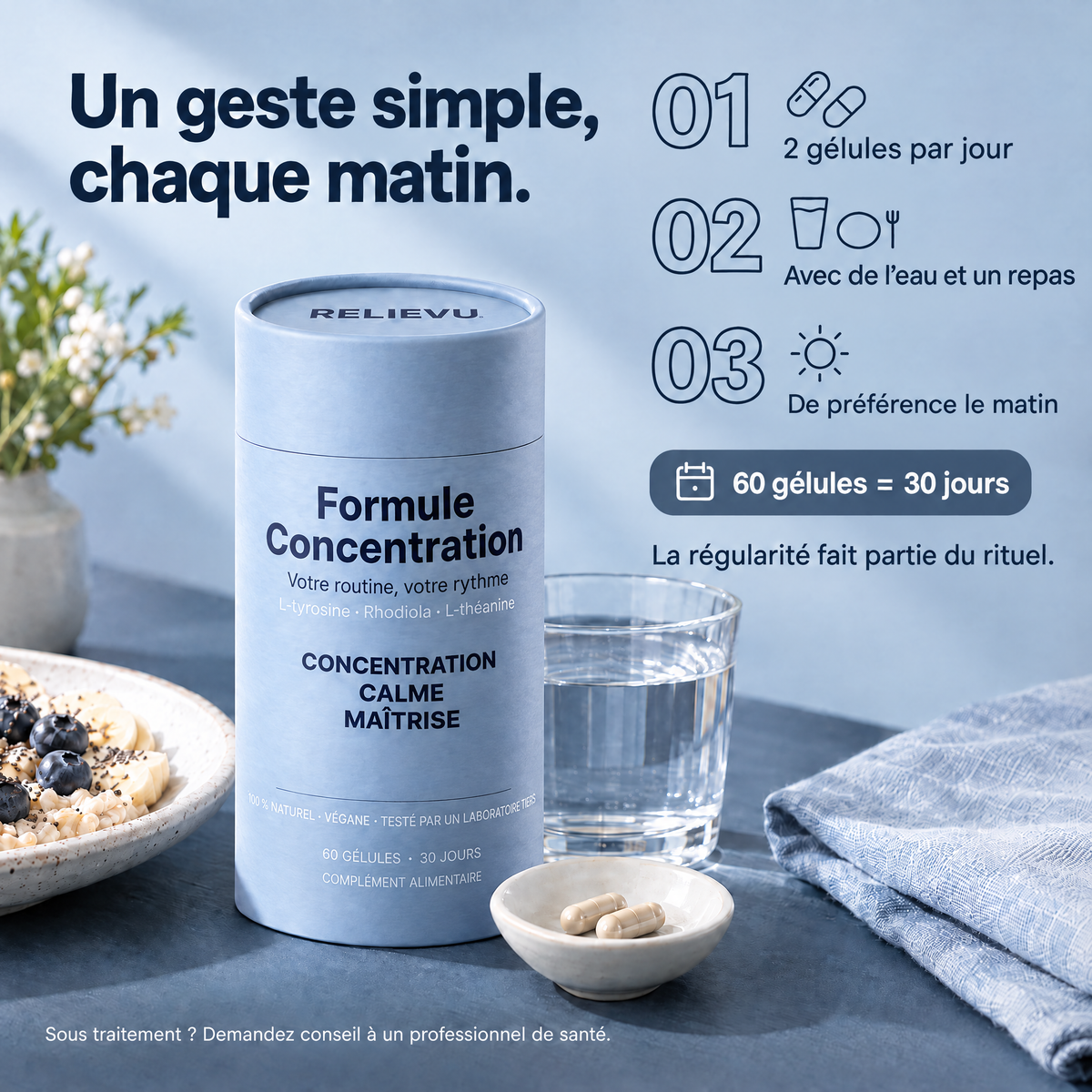 Conseils d’utilisation : deux gélules par jour avec de l’eau et un repas, de préférence le matin.