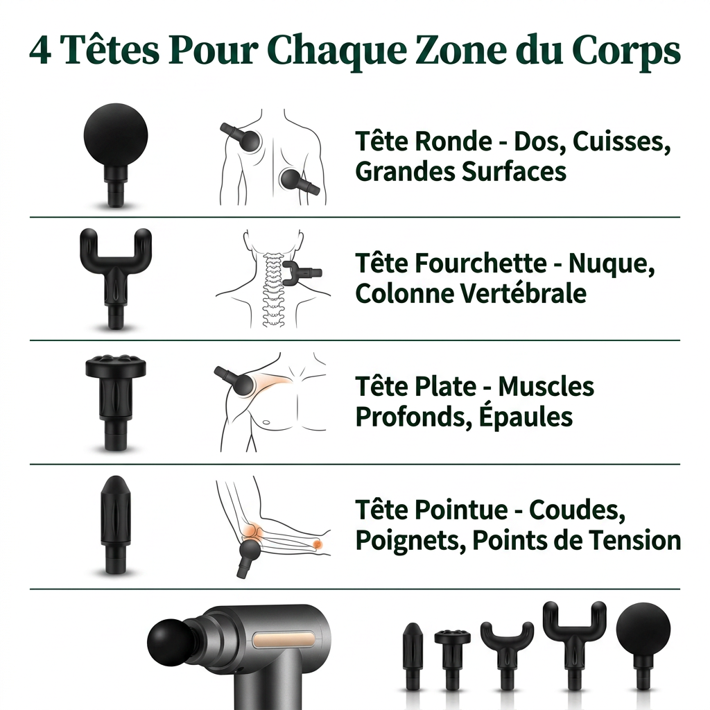 Pistolet de Massage Articulaire Relievu - 4 Têtes Interchangeables