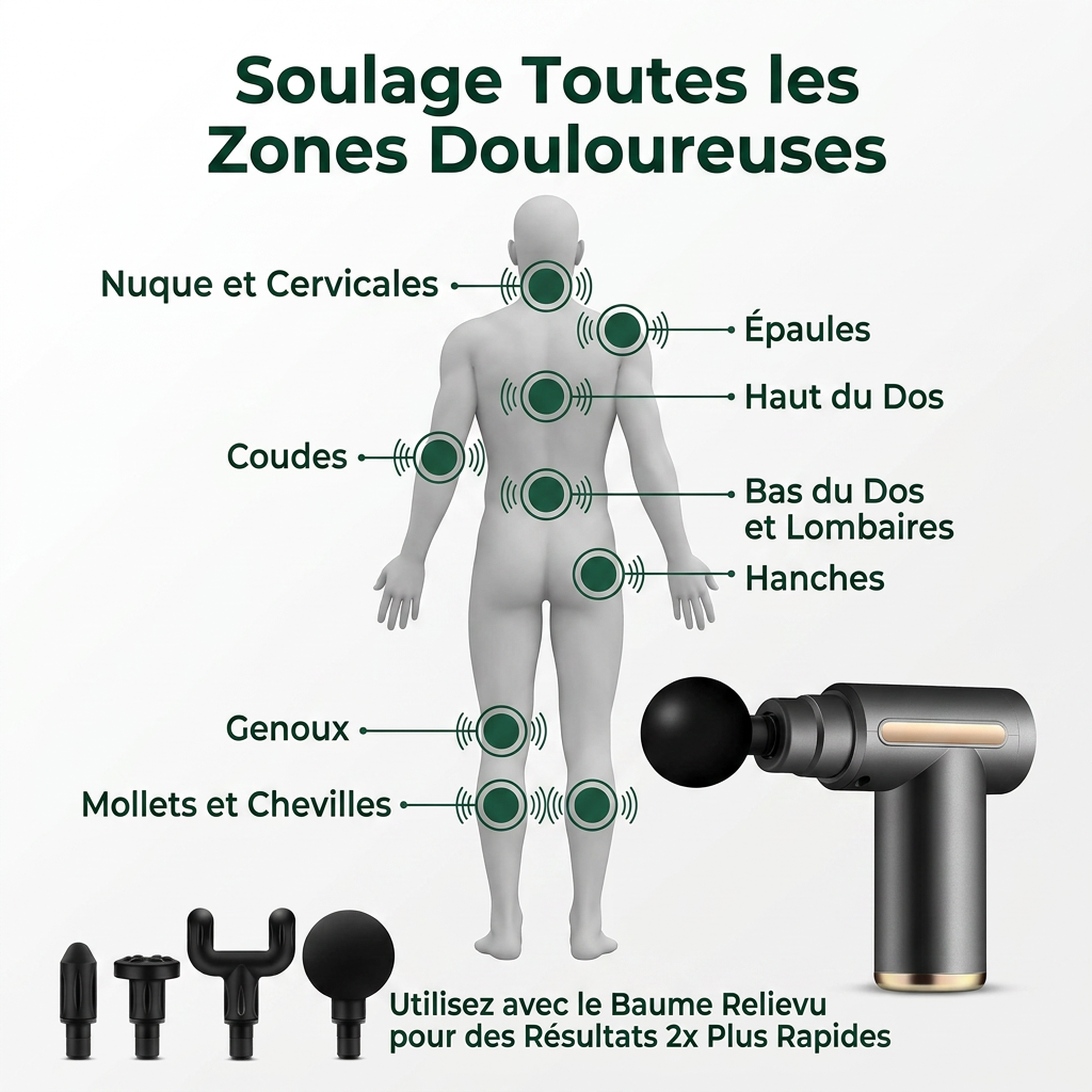 Pistolet de Massage Articulaire Relievu - 4 Têtes Interchangeables