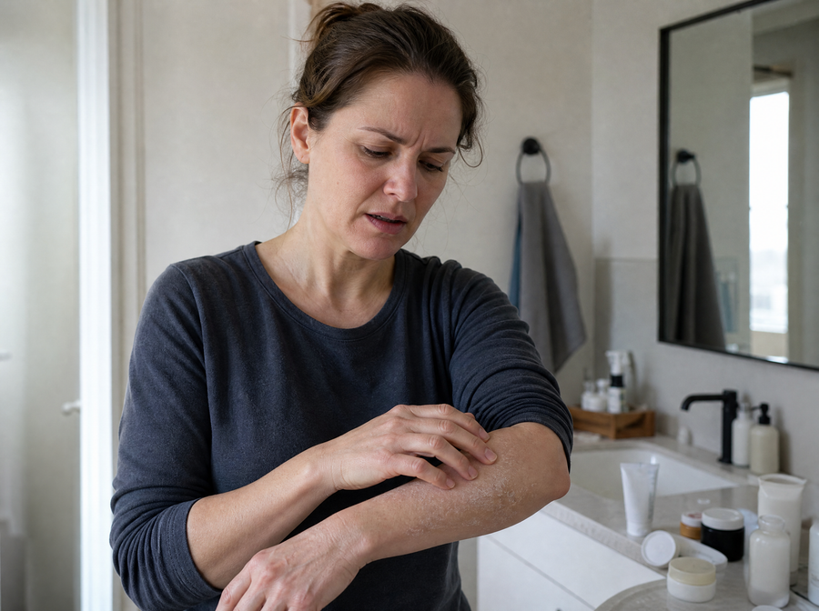 Donna che osserva la pelle secca e screpolata sulle mani, con creme aggressive sul lavandino